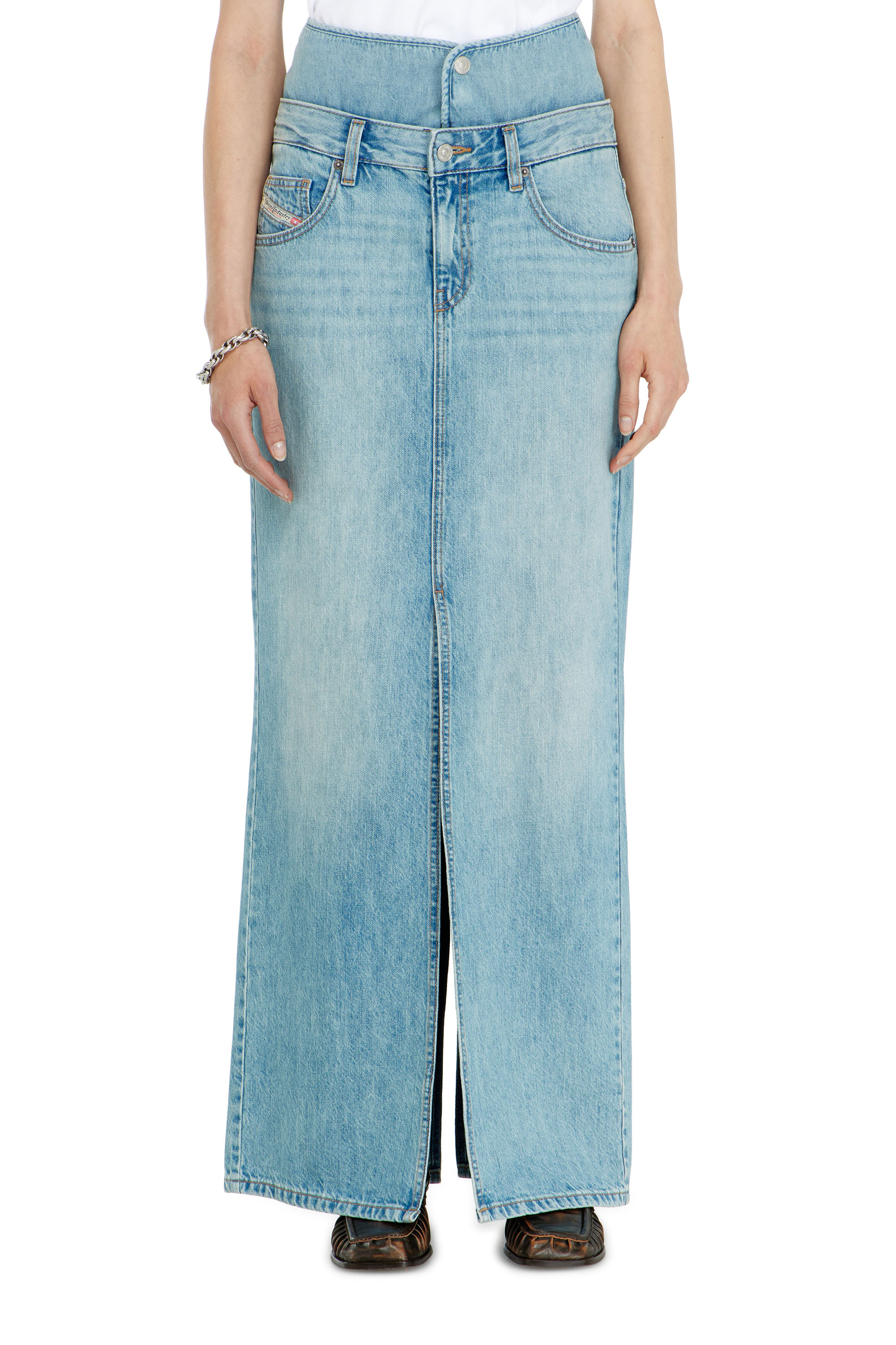 Diesel - DE-SPIVEY, Woman's Jean-illusion denim maxi skirt with slits in Light Blue - 2
