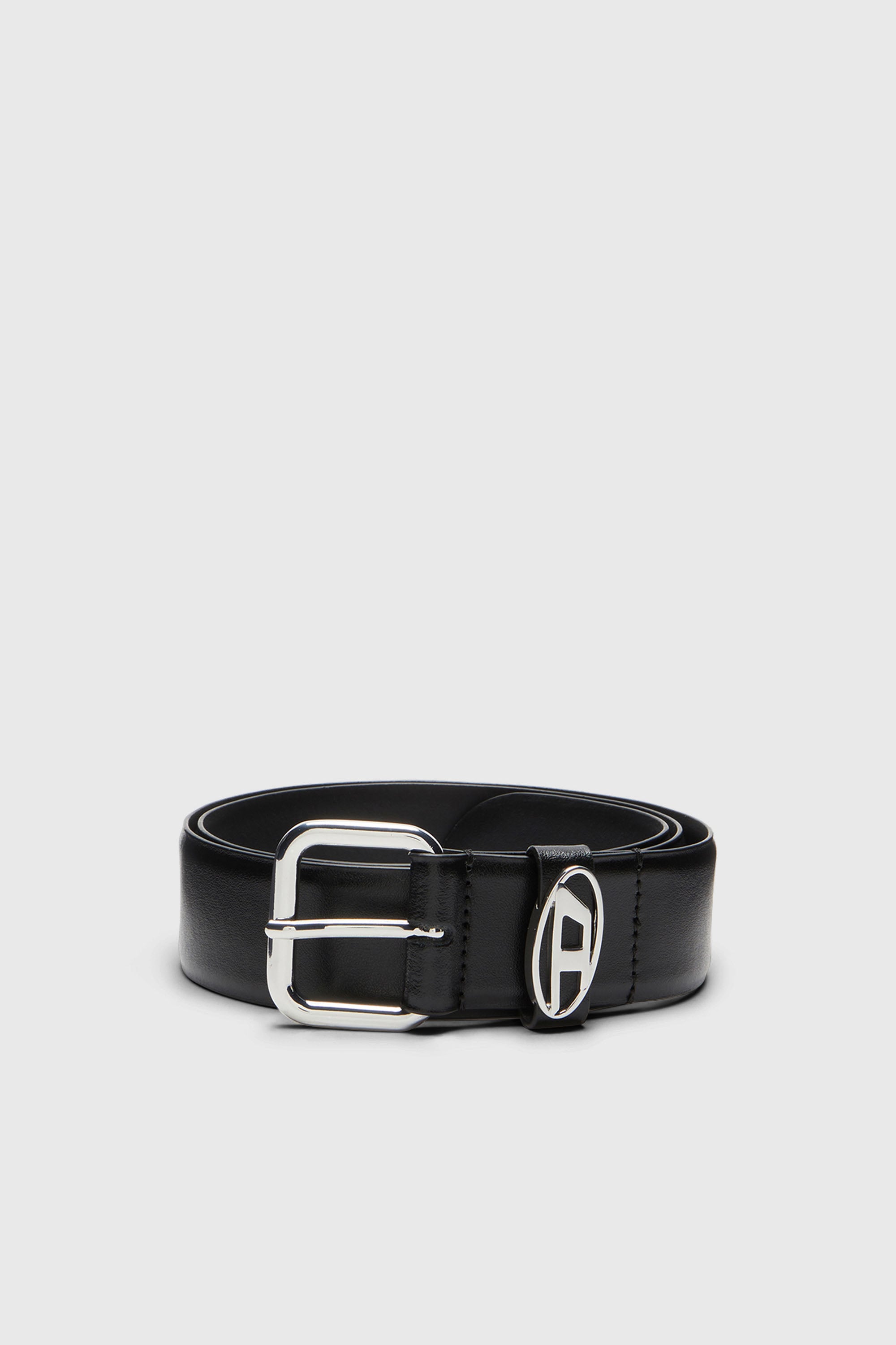 Diesel - B-1DR OVAL D LOOP, Unisex's 3.9cm logo-plaque embellished leather belt in Black/Silver - 1