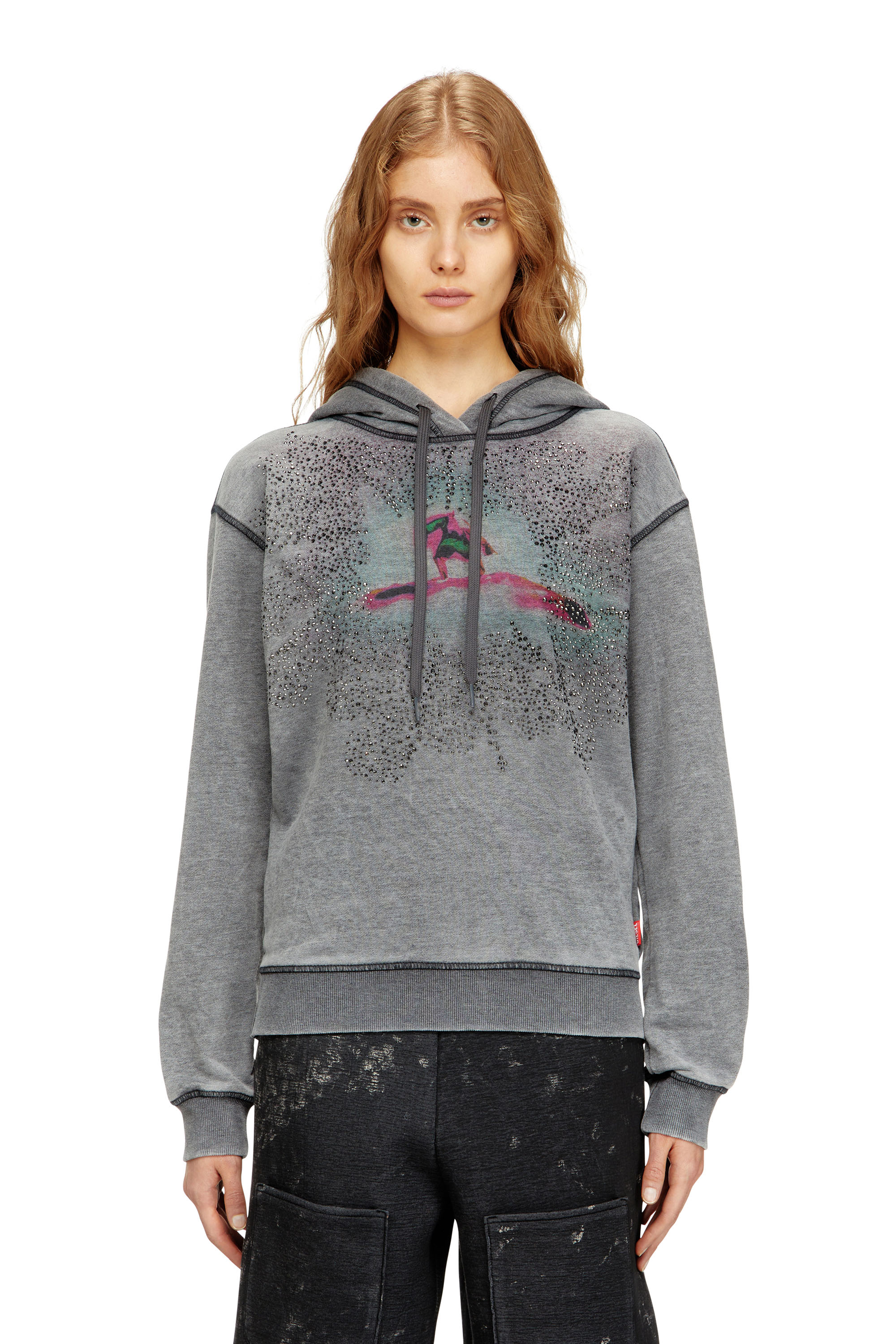Diesel - F-NORMY-HOOD-S1, Woman's Hoodie with digital graphic and rhinestone detailing in Grey - 1