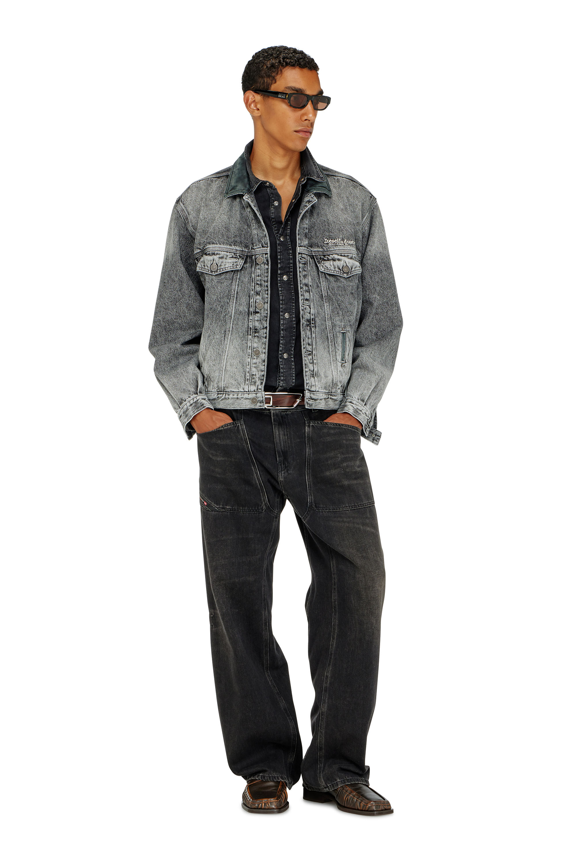 Diesel - D-DENVER-S, Unisex's Denim trucker jacket with tonal leather trims in Grey - 4