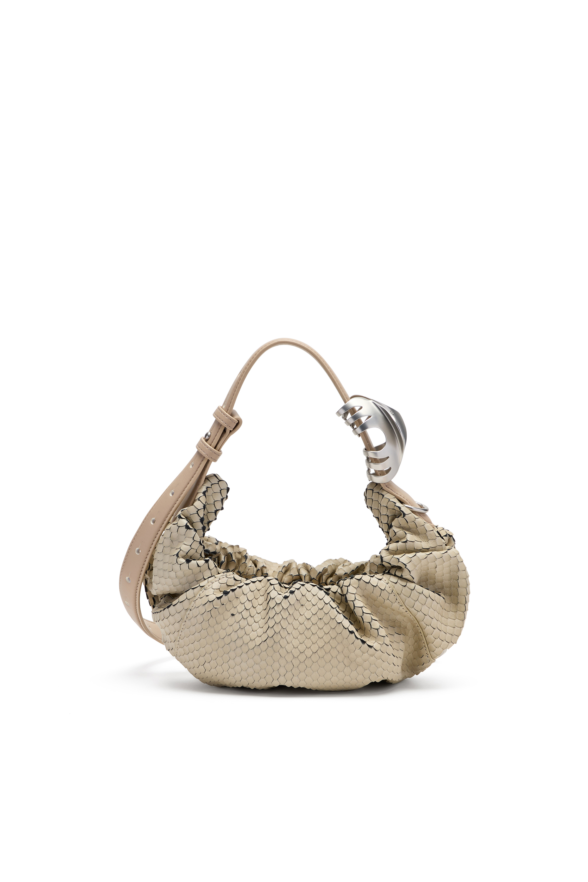 Diesel - GRAB-D HOBO S, Woman's Grab-D-Scrunched hobo bag in textured leather in Beige - 2