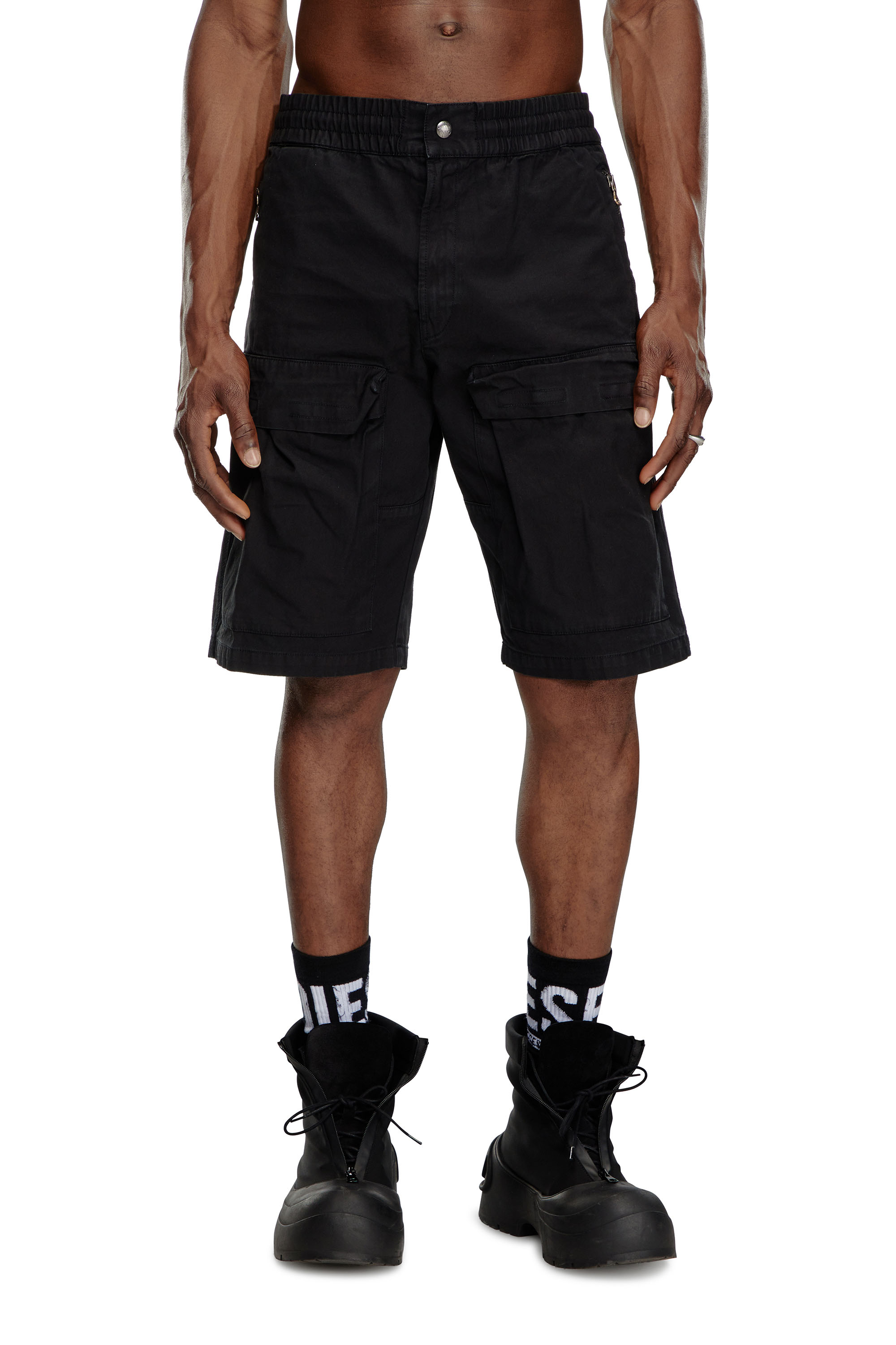 Diesel - P-BEECK-SHORT, Man's Cargo shorts in faded organic cotton in Black - 1