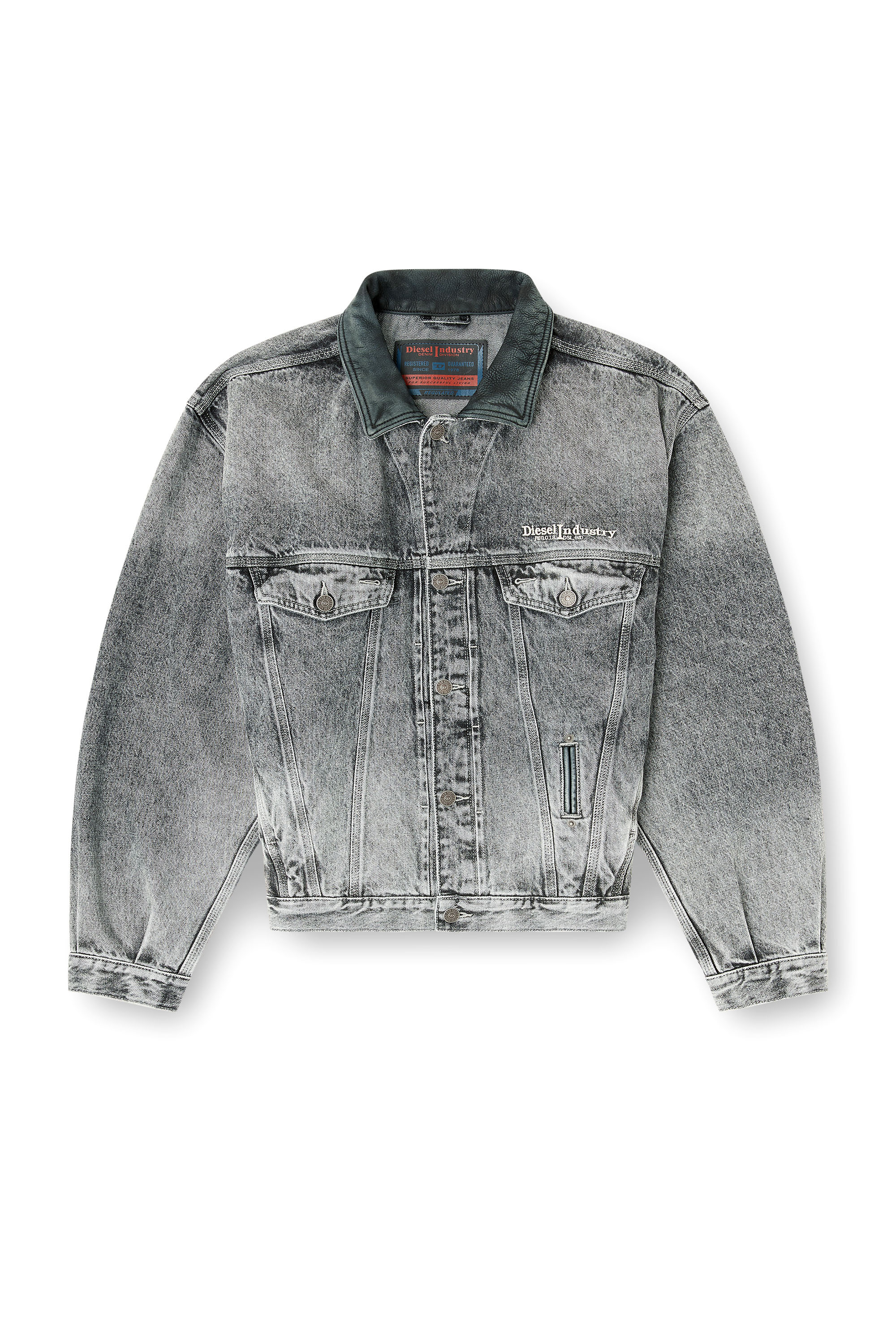 Diesel - D-DENVER-S, Unisex's Denim trucker jacket with tonal leather trims in Grey - 2