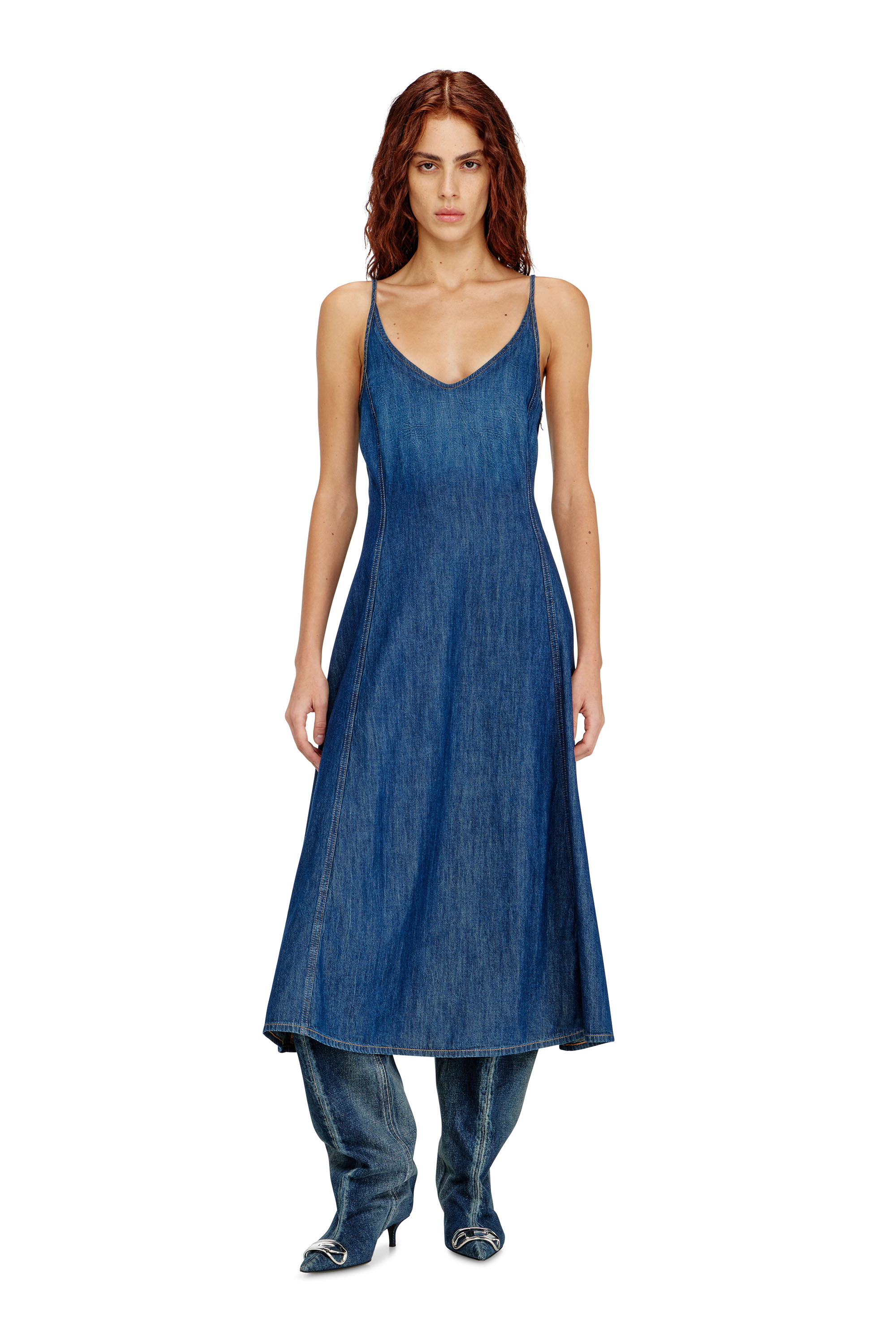 Diesel - DE-BELD-D, Woman's Midi dress in clean-wash denim in Medium blue - 3