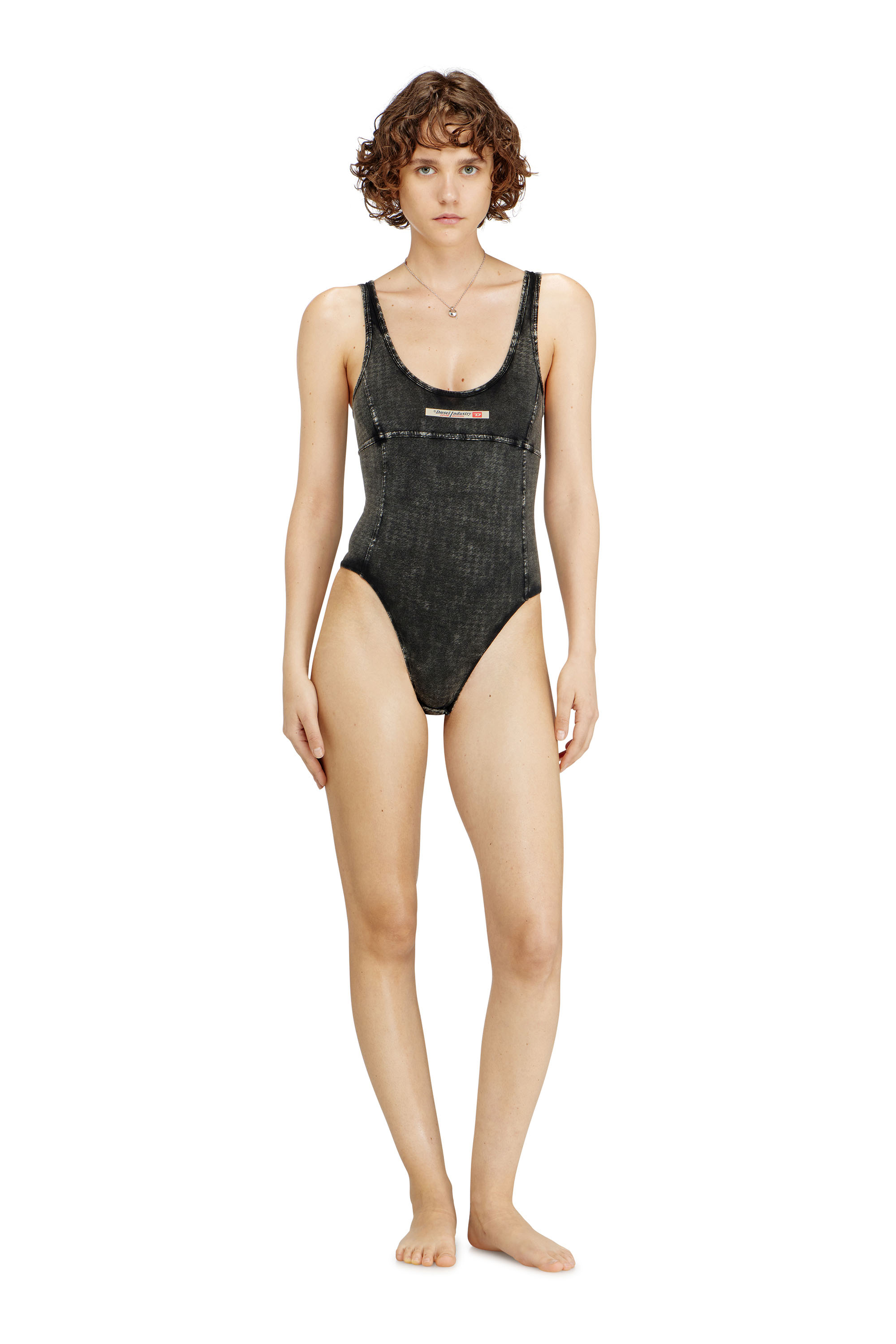 Diesel - PHOEBE-DNM, Woman's Cotton bodysuit with houndstooth print in Dark grey - 3