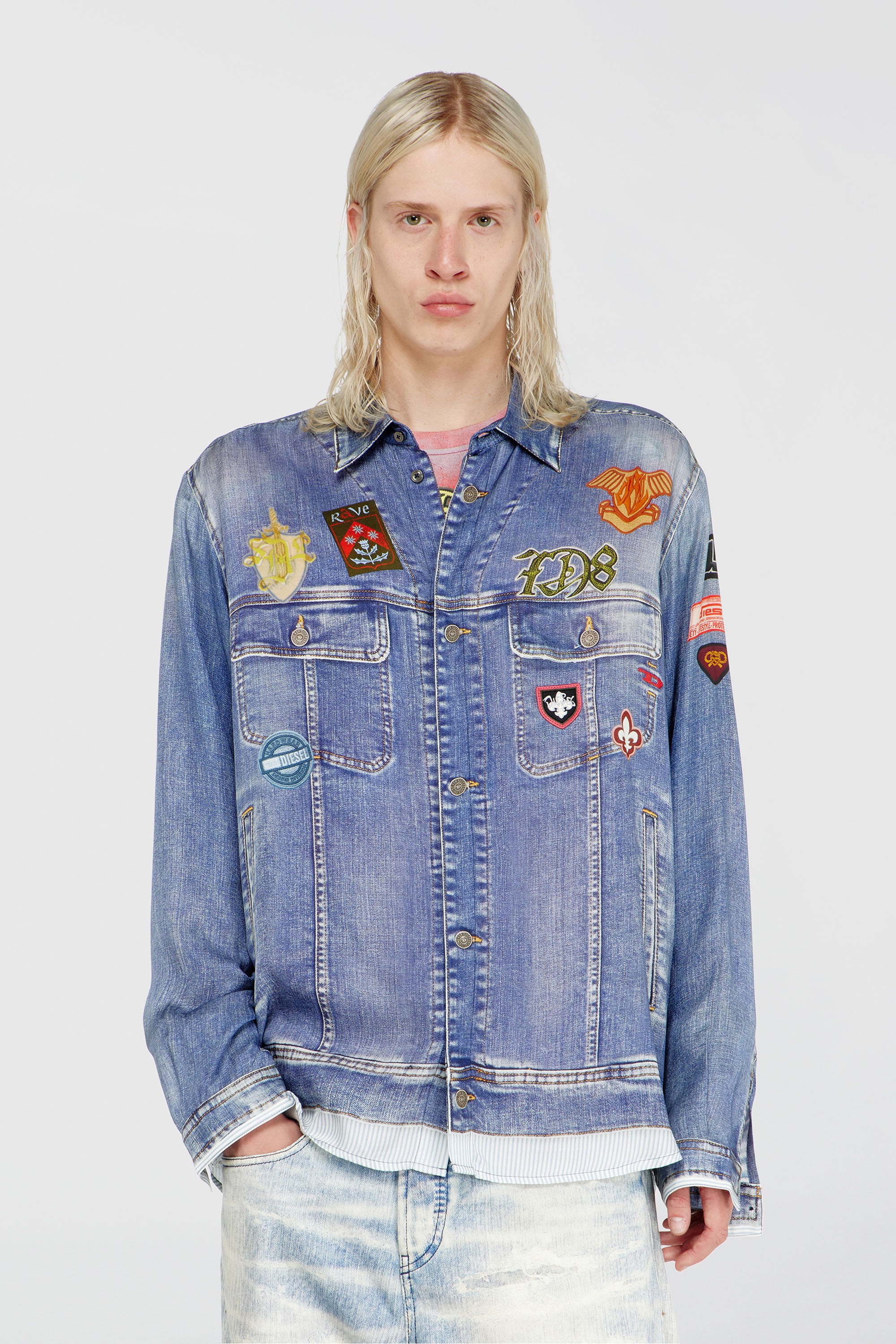 Diesel - S-SIMPLY-PATCH, Man's Satin shirt with trompe-l'oeil denim print in Medium blue - 3