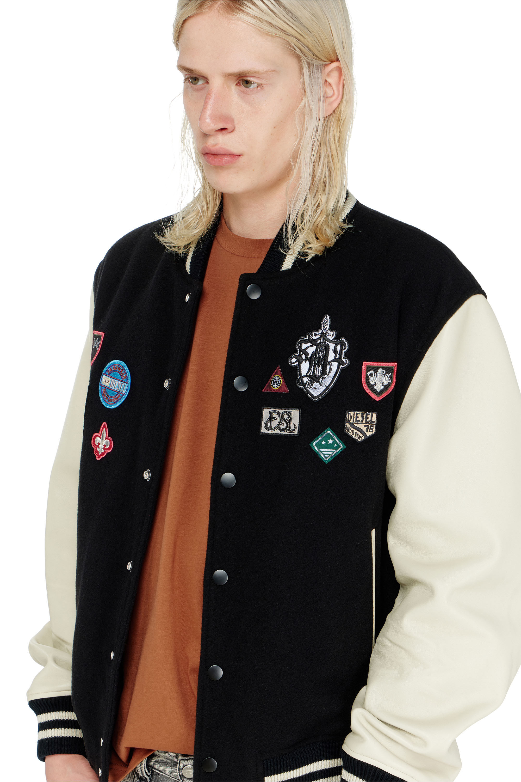 Diesel - L-ARRY-PATCH, Man's Wool and leather bomber jacket with patches in White/Black - 6