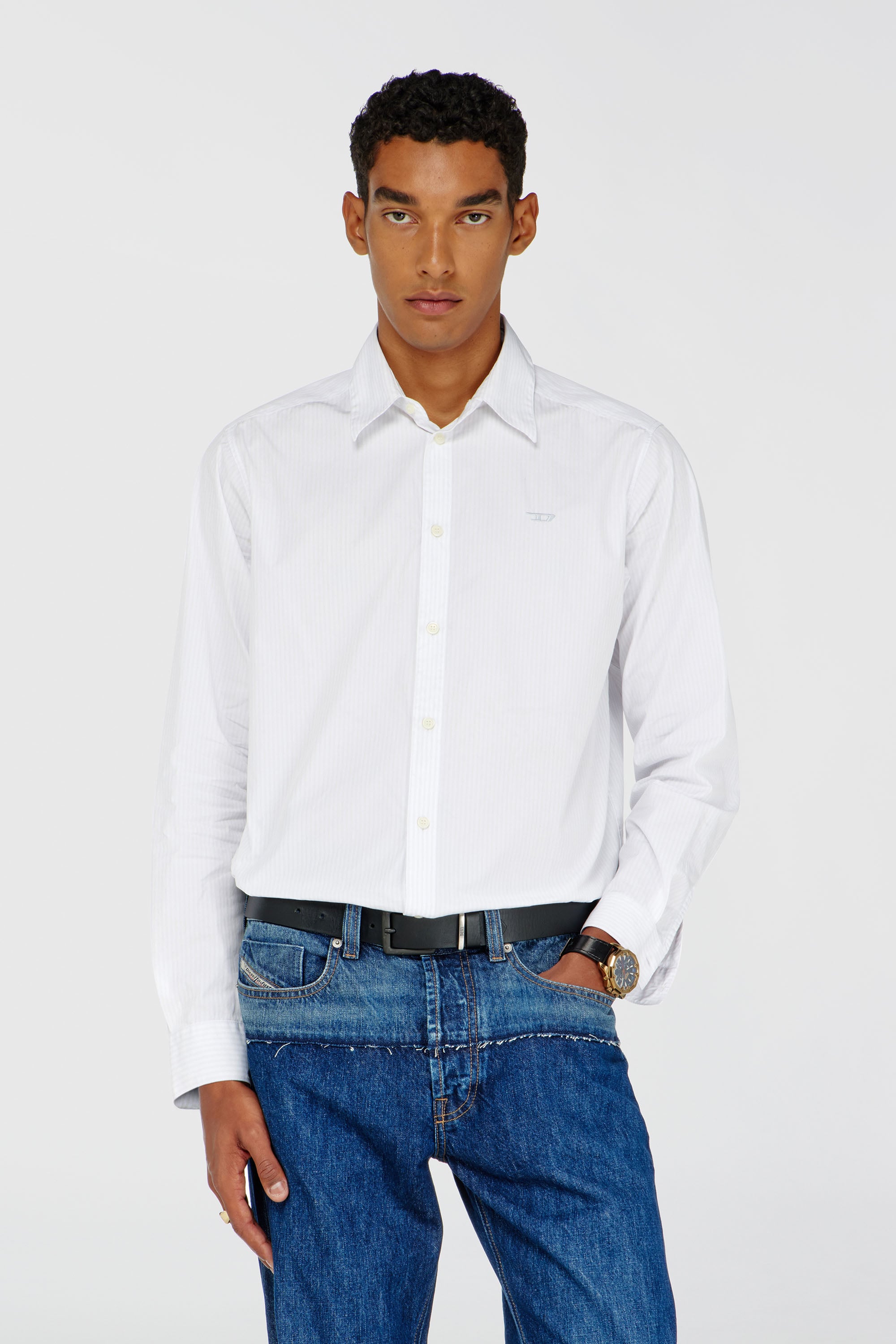 Diesel - S-SIMPLY-NA-DNAN, Man's Striped shirt in cotton with D embroidery in White - 1
