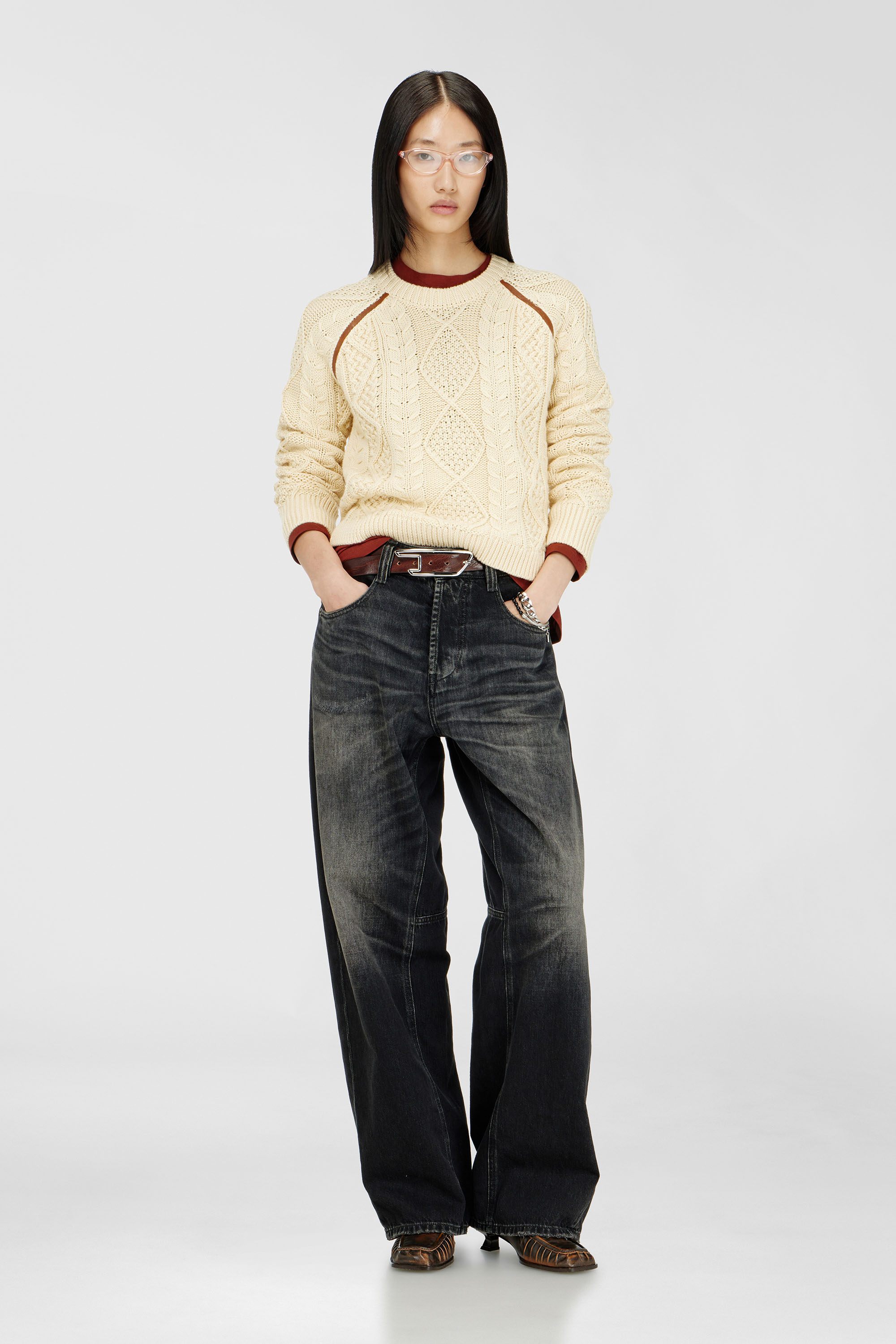 Diesel - M-INTANA, Woman's Cable-knit jumper with contrast bands in Yellow - 1