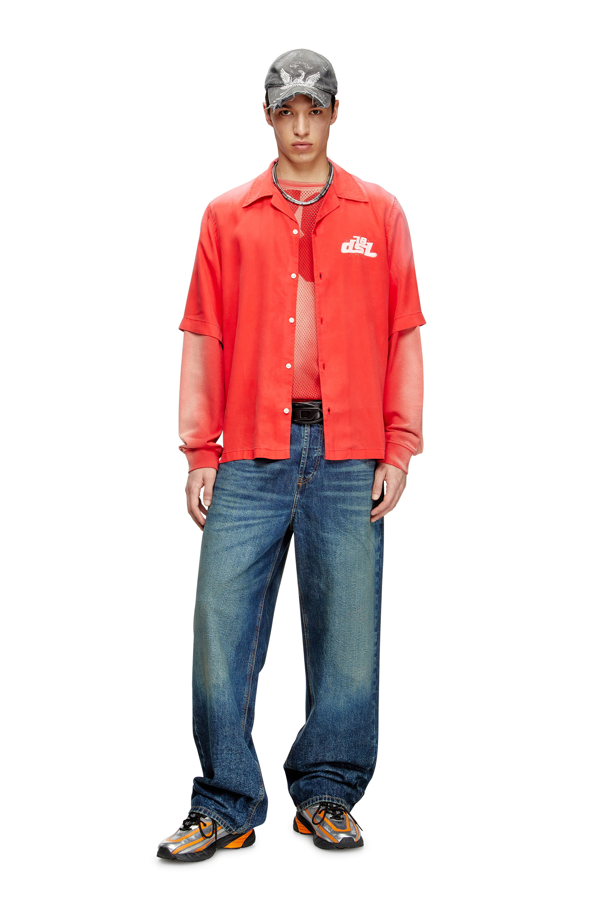 Diesel - S-ELLY, Man's Faded bowling shirt with logo prints in Red - 2