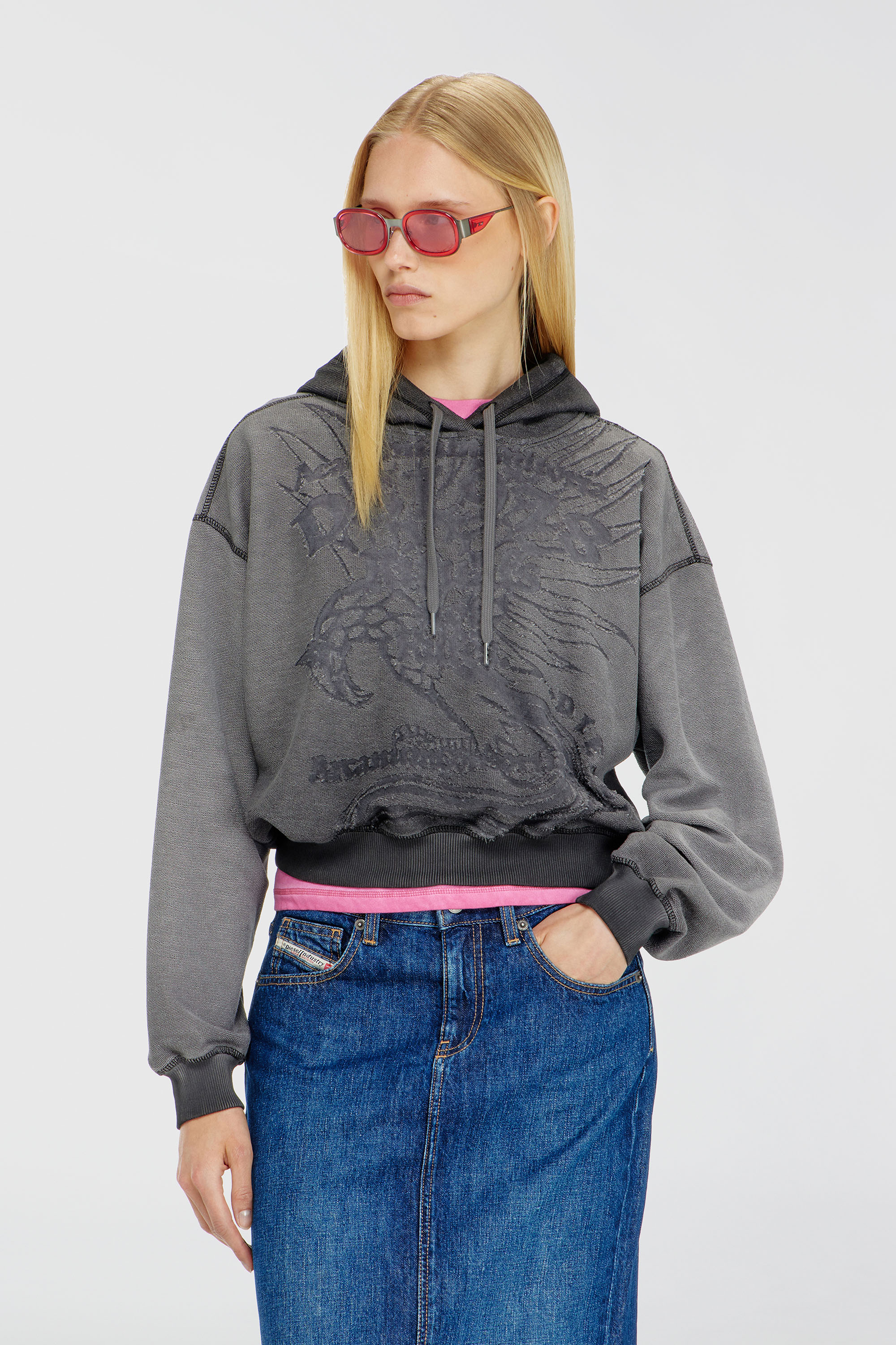 Diesel - F-SUNNY-HOOD, Woman's Hoodie with d&eacute;vor&eacute; print in Grey - 1