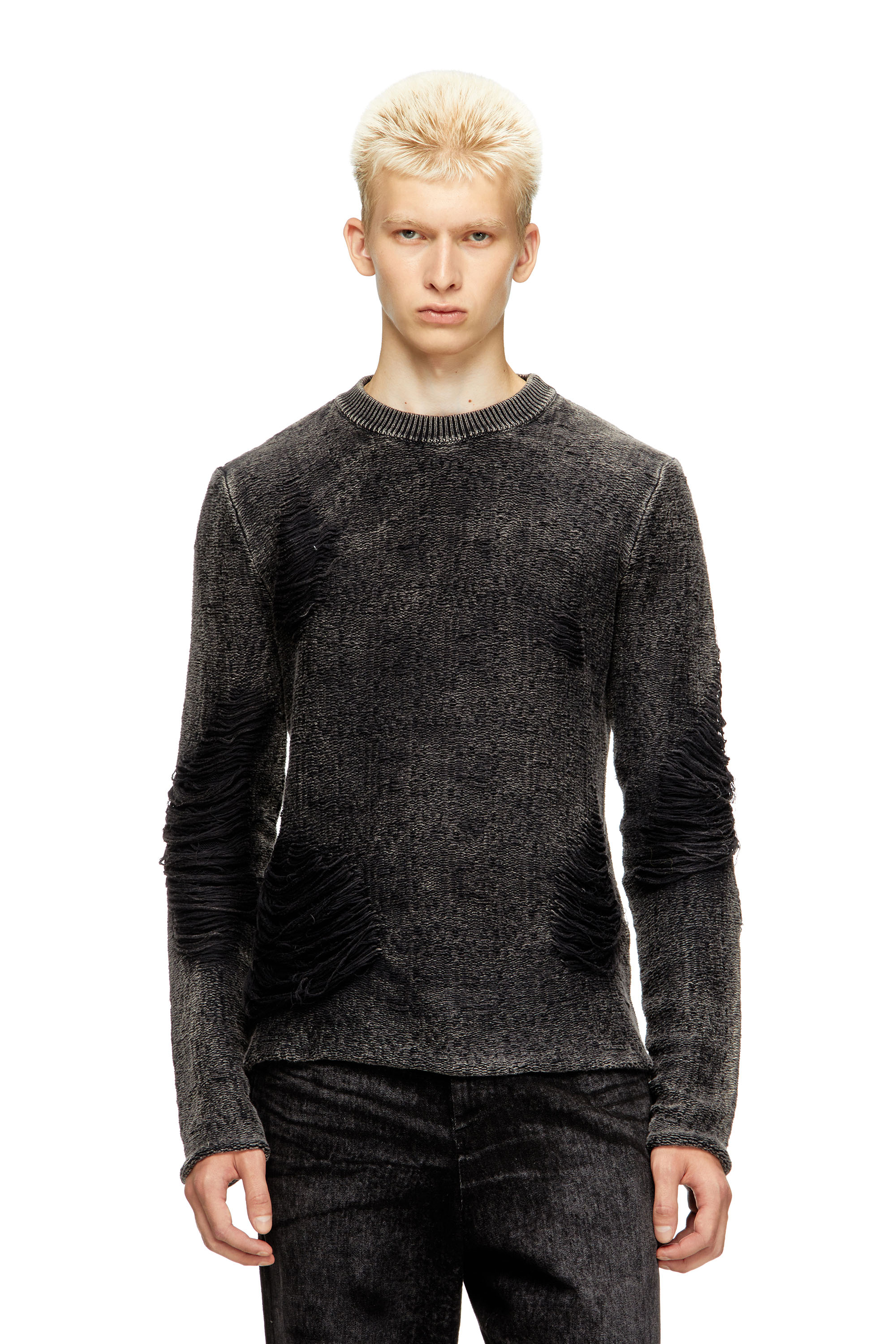 Diesel - K-FJORDI-ROUND, Man's Destroyed jumper with floating yarns in Black - 3