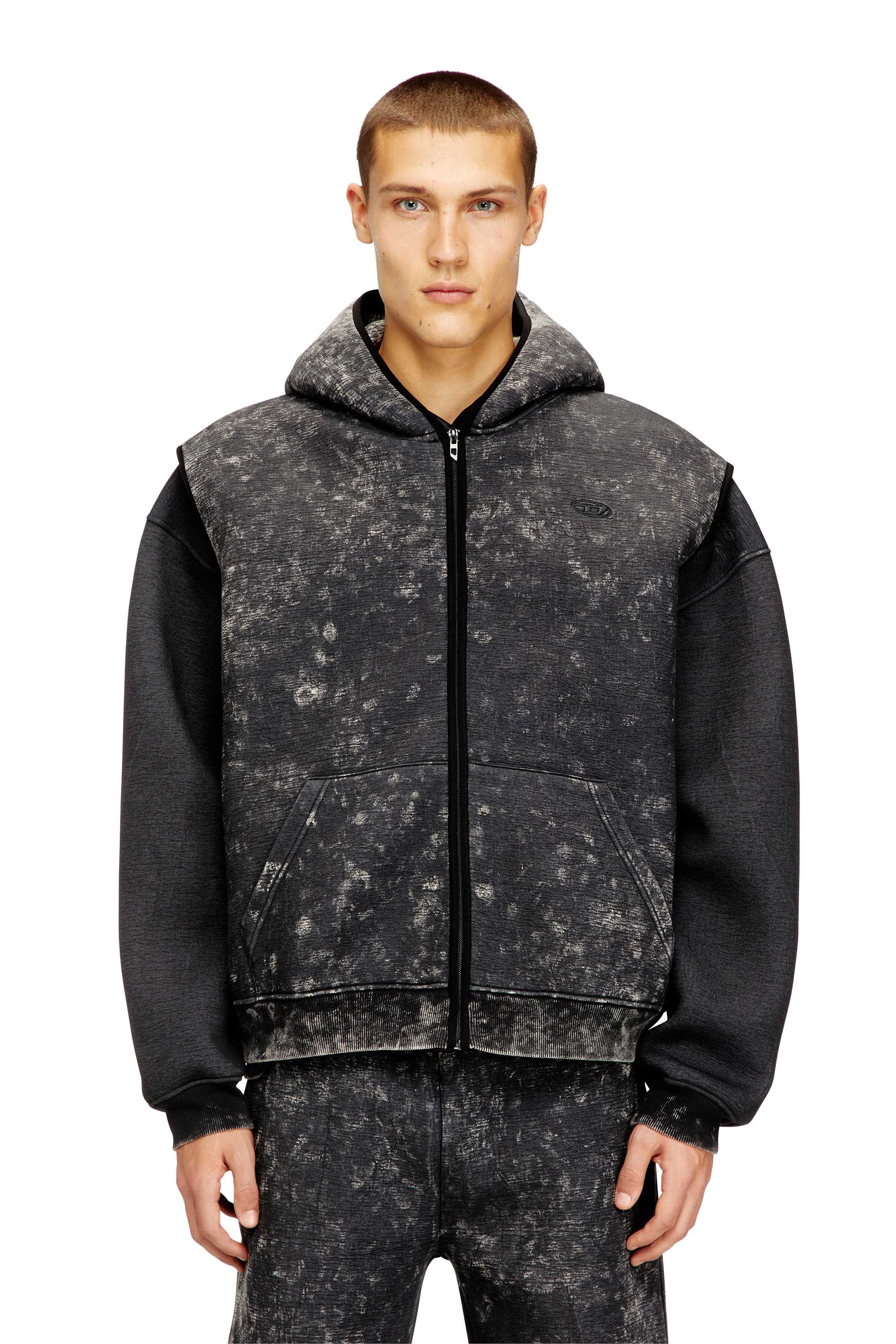Diesel - S-BOXT-CHAN-SL, Man's Sleeveless scuba hoodie with marble wash in Black/Grey - 1