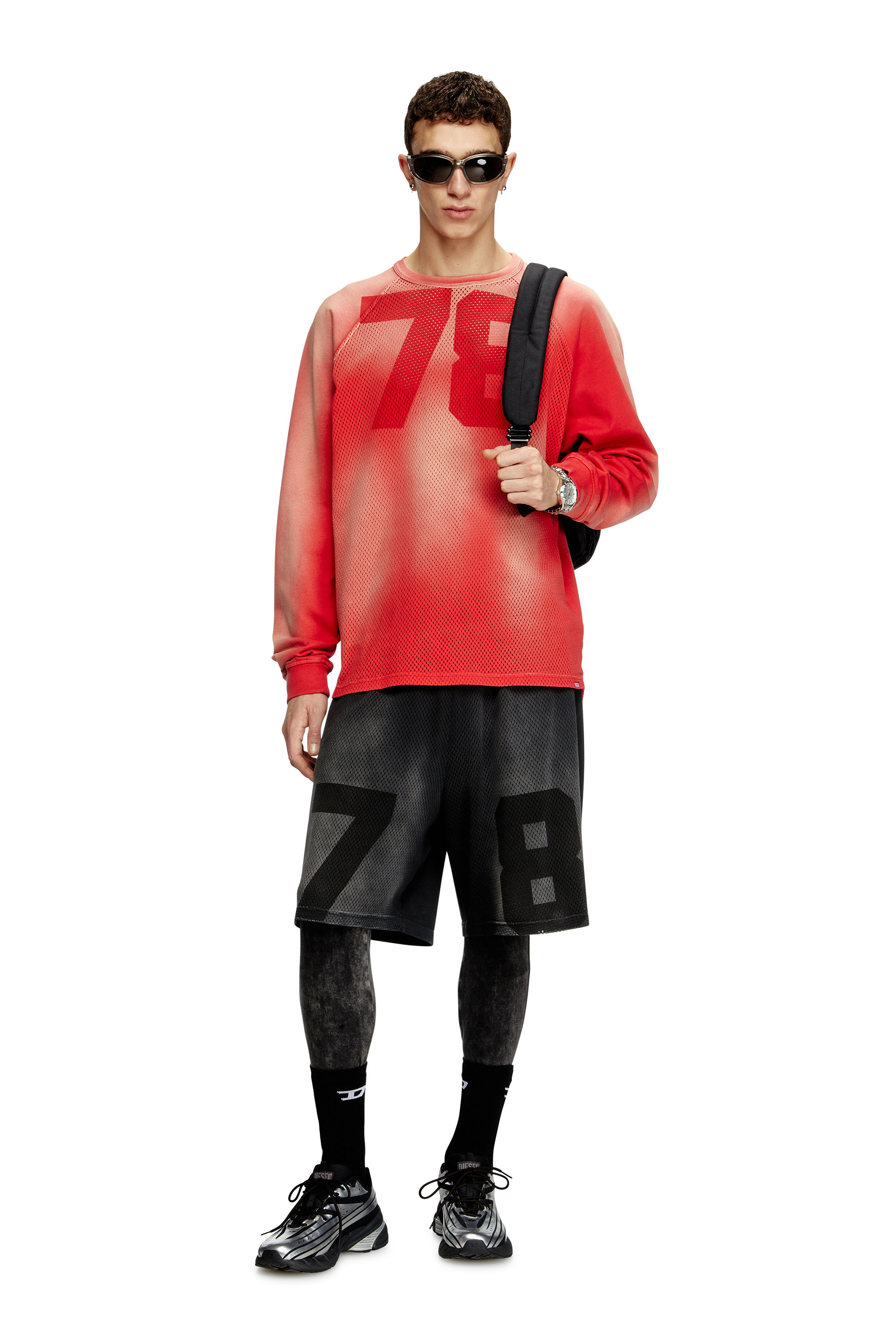 Diesel - T-ROXTER-LS-MESH, Man's Faded long-sleeve T-shirt with mesh front in Red - 2