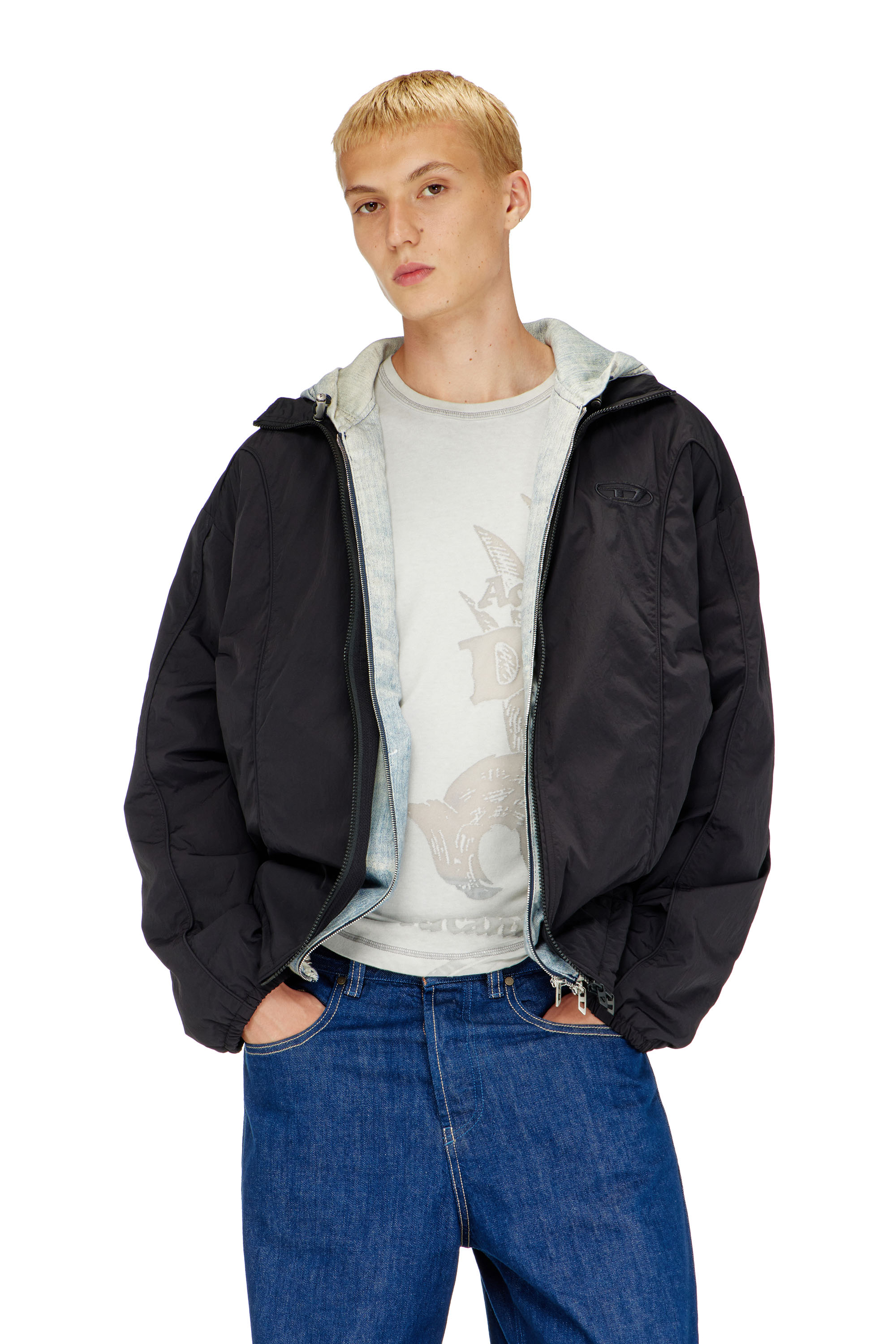 Diesel - J-FIVE-WRD-AKAD, Man's Crinkled-nylon jacket with piping in Black - 3