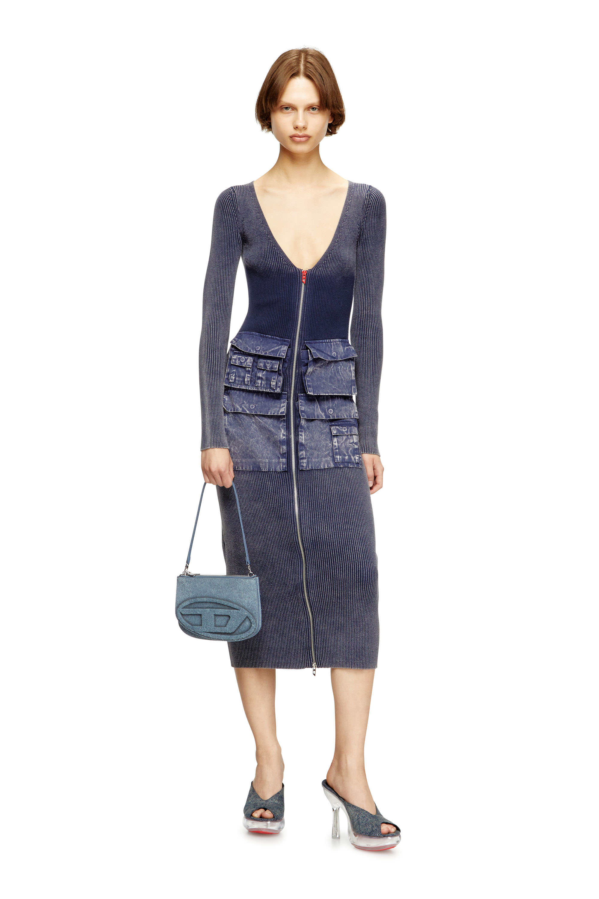 Diesel - M-MELTI-LS, Woman's Ribbed midi dress with denim treatment in null - 1