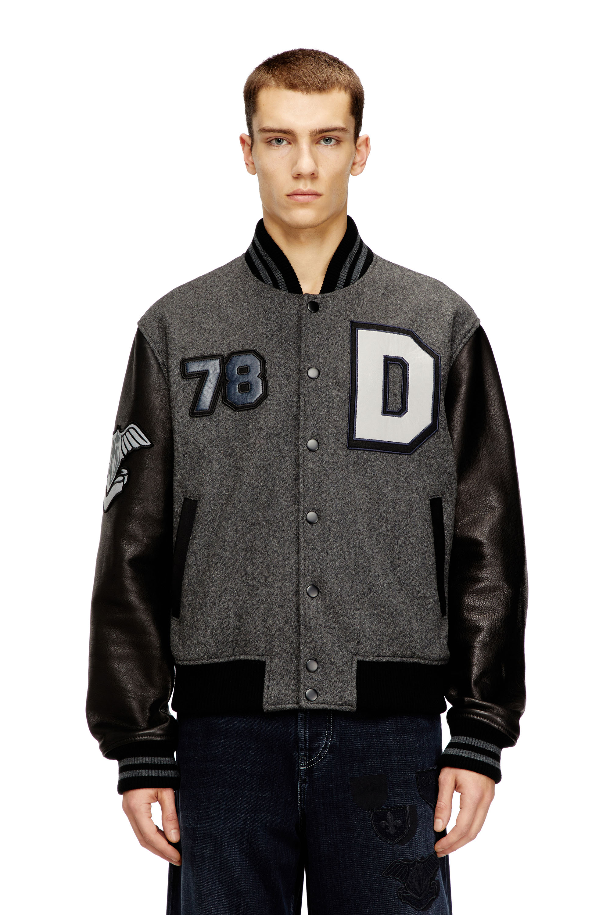 Diesel - L-ARRY-CP, Man's Varsity jacket in wool and leather in Black/Grey - 1