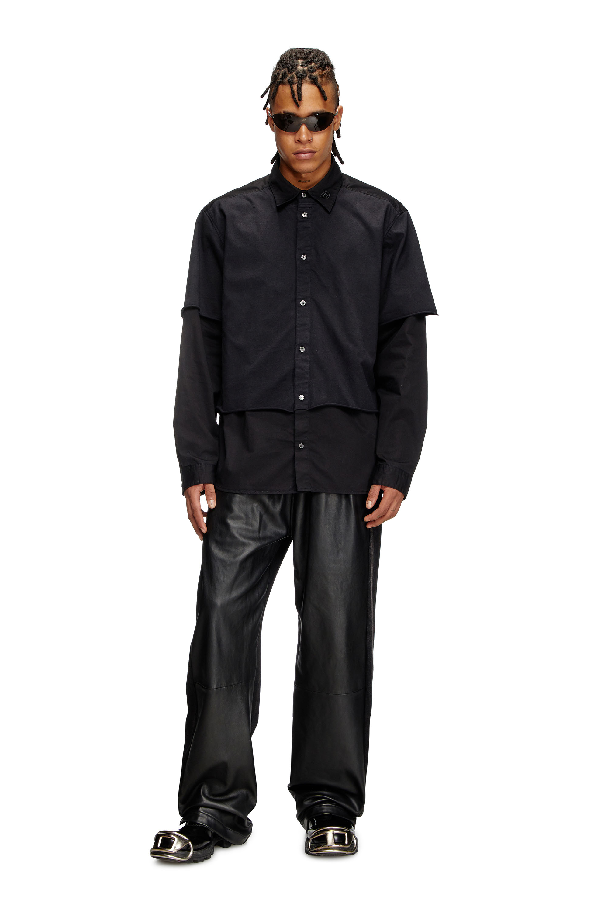 Diesel - S-GASTON-O, Man's Layered shirt in twill and jersey in Black - 2