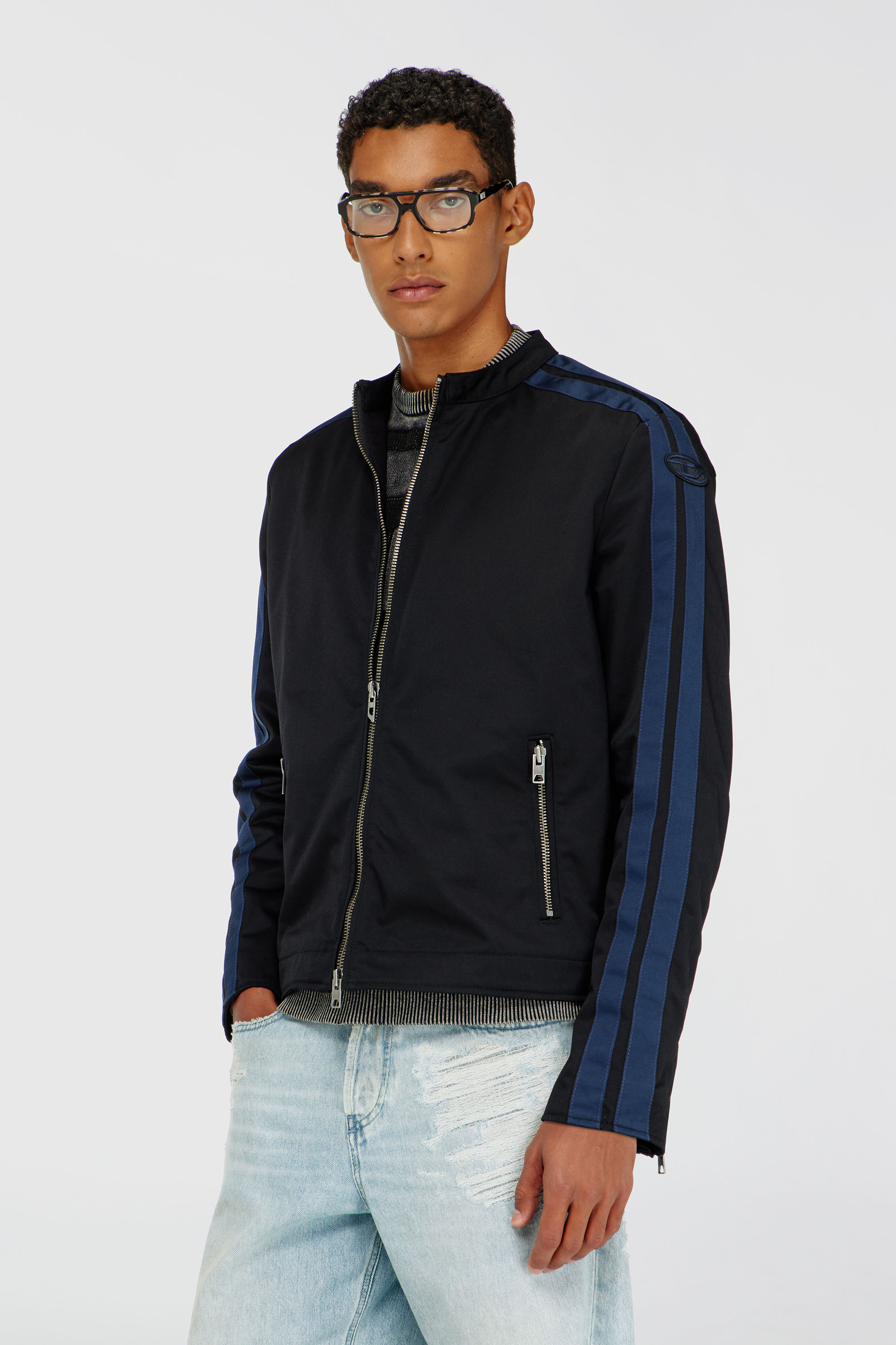 Diesel - J-NAEL, Man's Sporty biker jacket in technical cotton blend in Blue/Black - 1