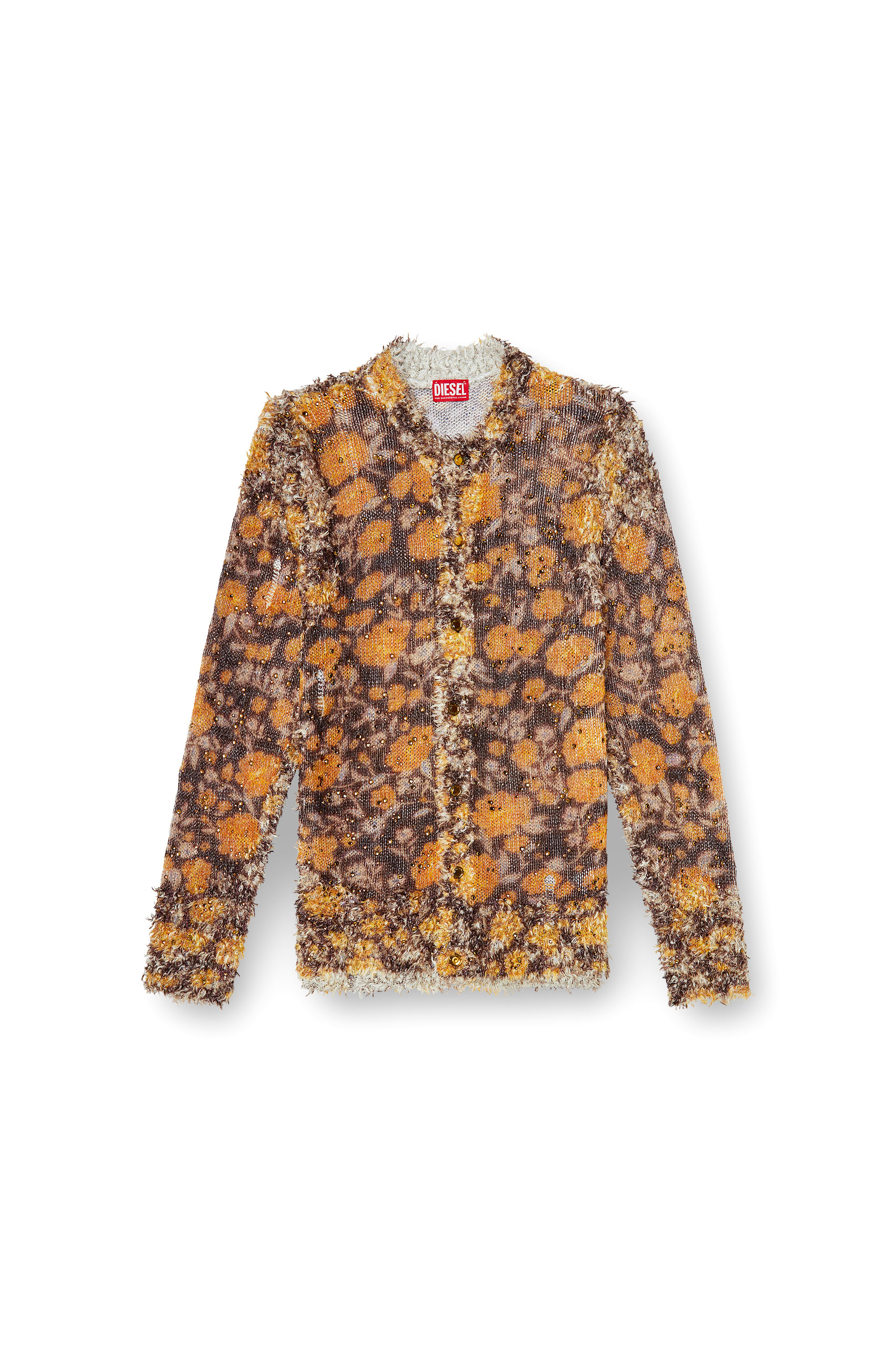 Diesel - K-LINNUS, Man's Printed linen-blend cardigan with crystals in Brown/Orange - 3