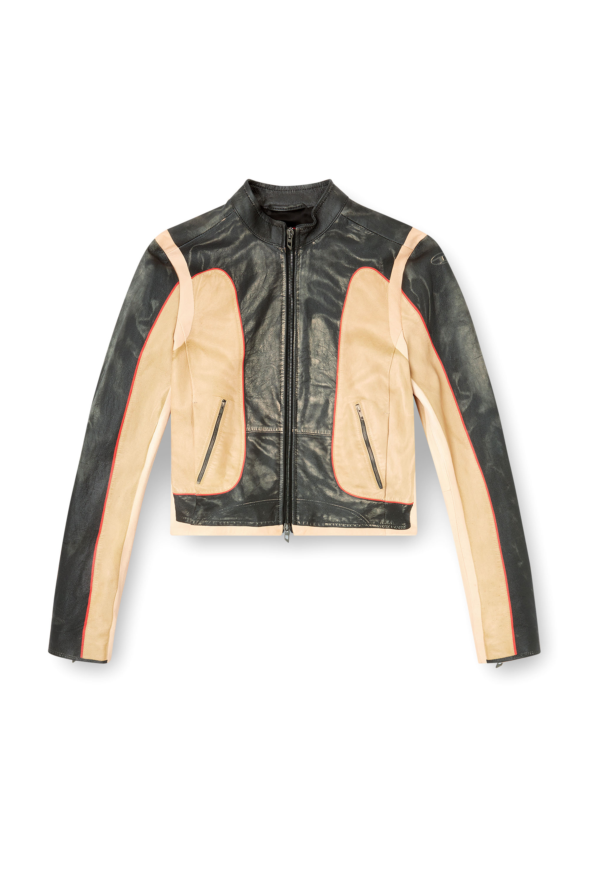 Diesel - L-OONIE, Woman's Trompe l'oeil-effect leather biker jacket in Beige/Black - 3
