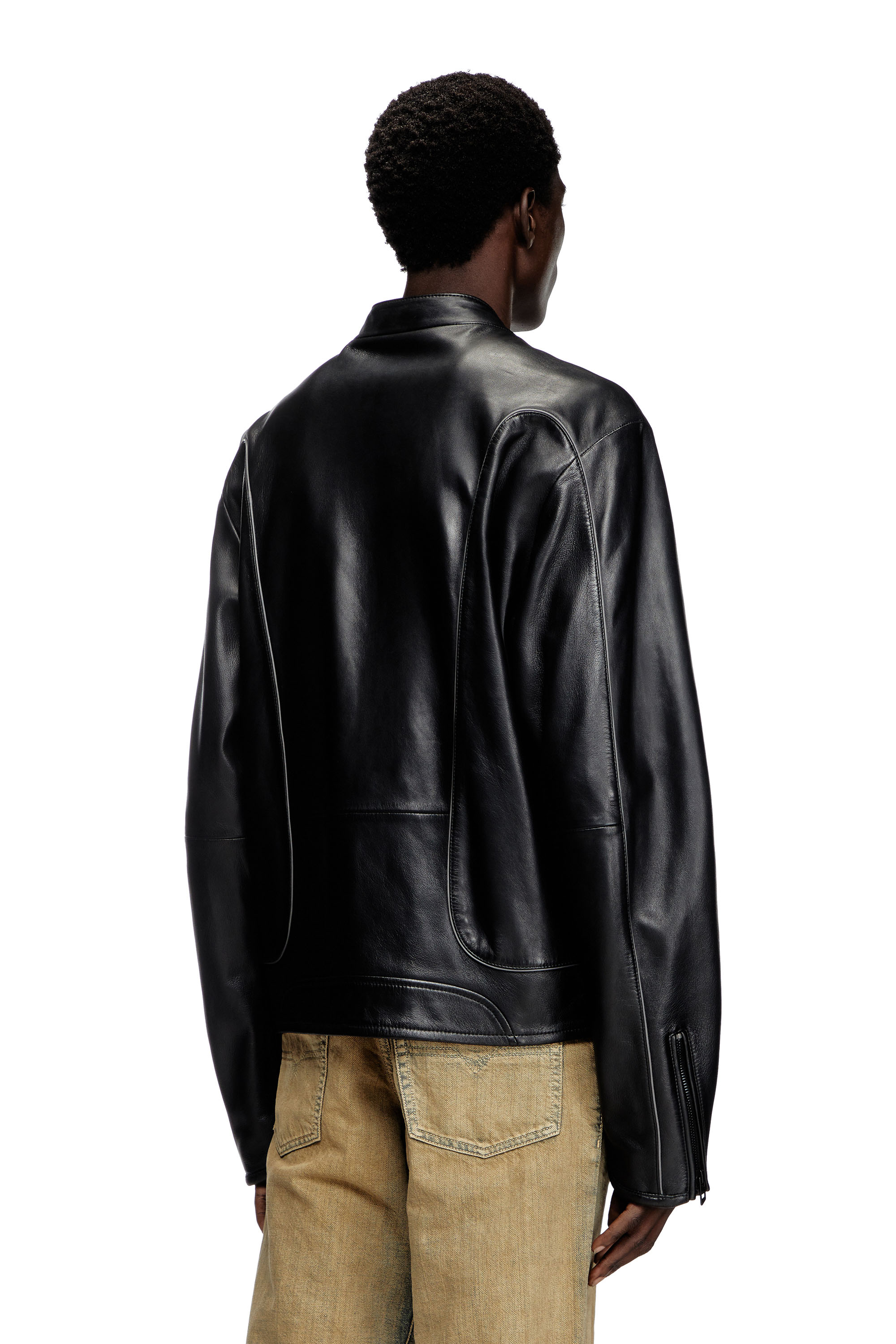 Diesel - L-KRIXY, Man's Leather biker jacket with piping detail in Black - 4