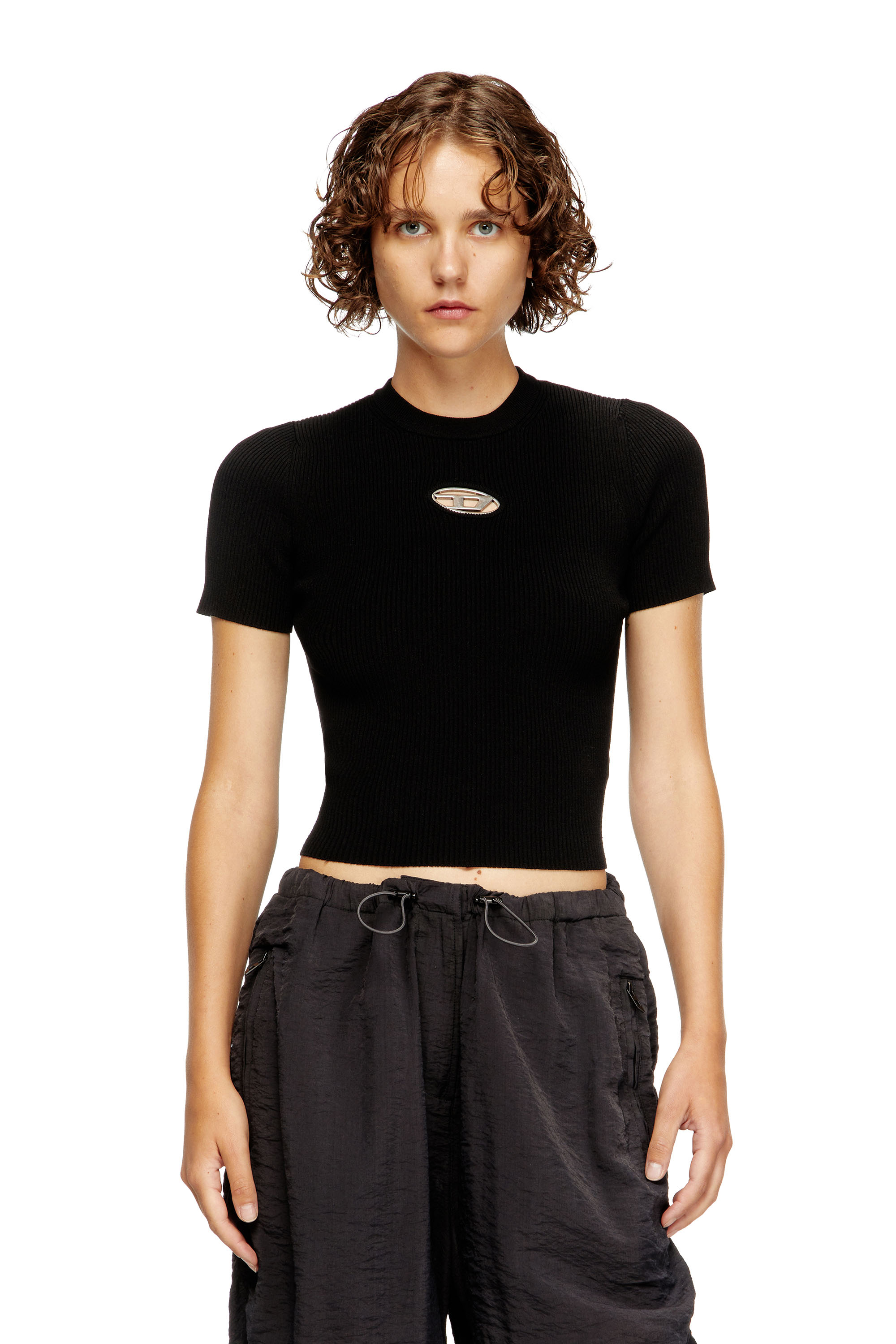 Diesel - M-VALARI-SS, Woman's Short-sleeve jumper with metal Oval D in Black - 3