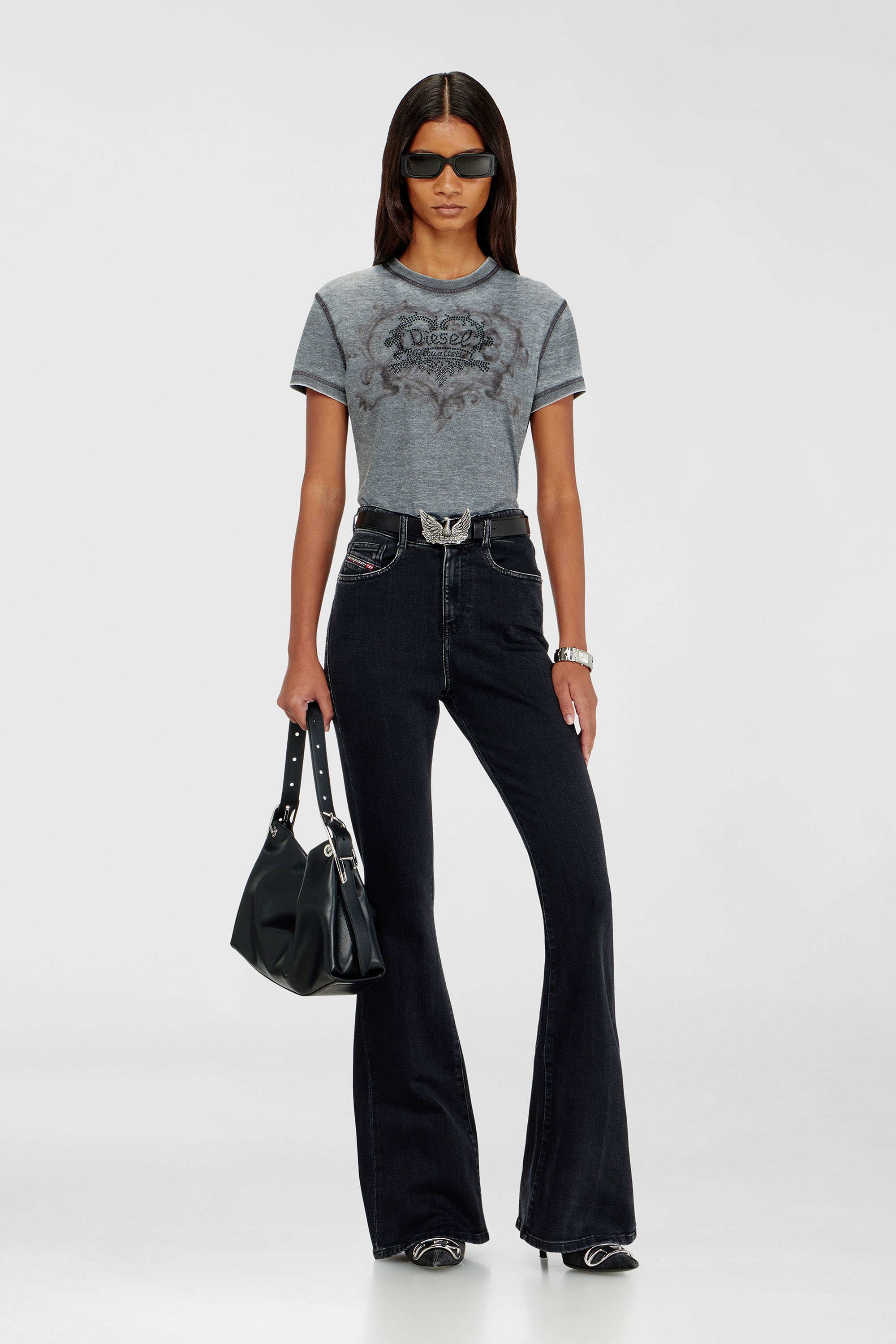 Diesel - T-ILA-AA1, Woman's Jersey t-shirt with rhinestones and burnout effect in Grey - 1
