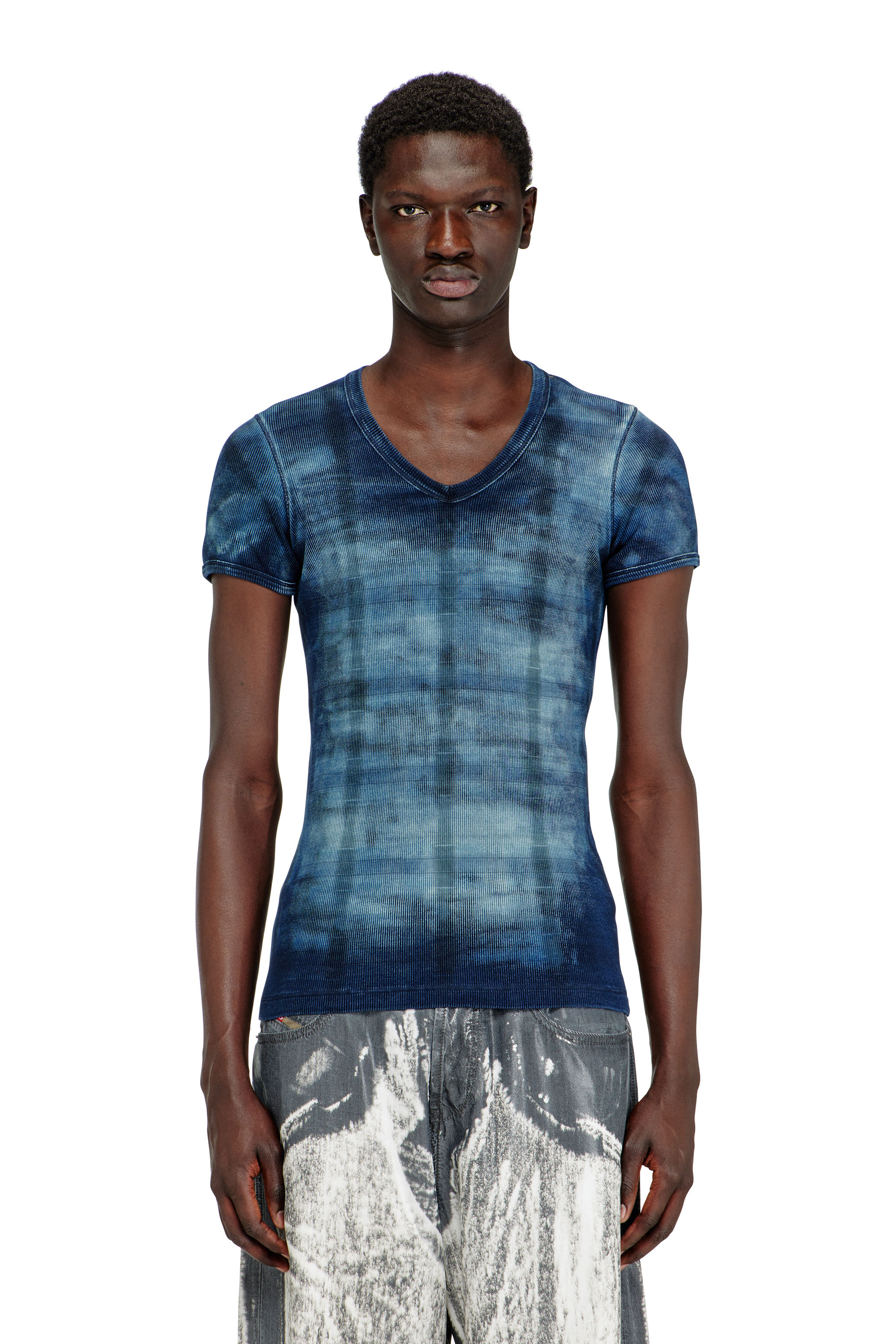 Diesel - T-LUUCAS, Man's X-ray top in check-print rib-jersey in Blue - 3