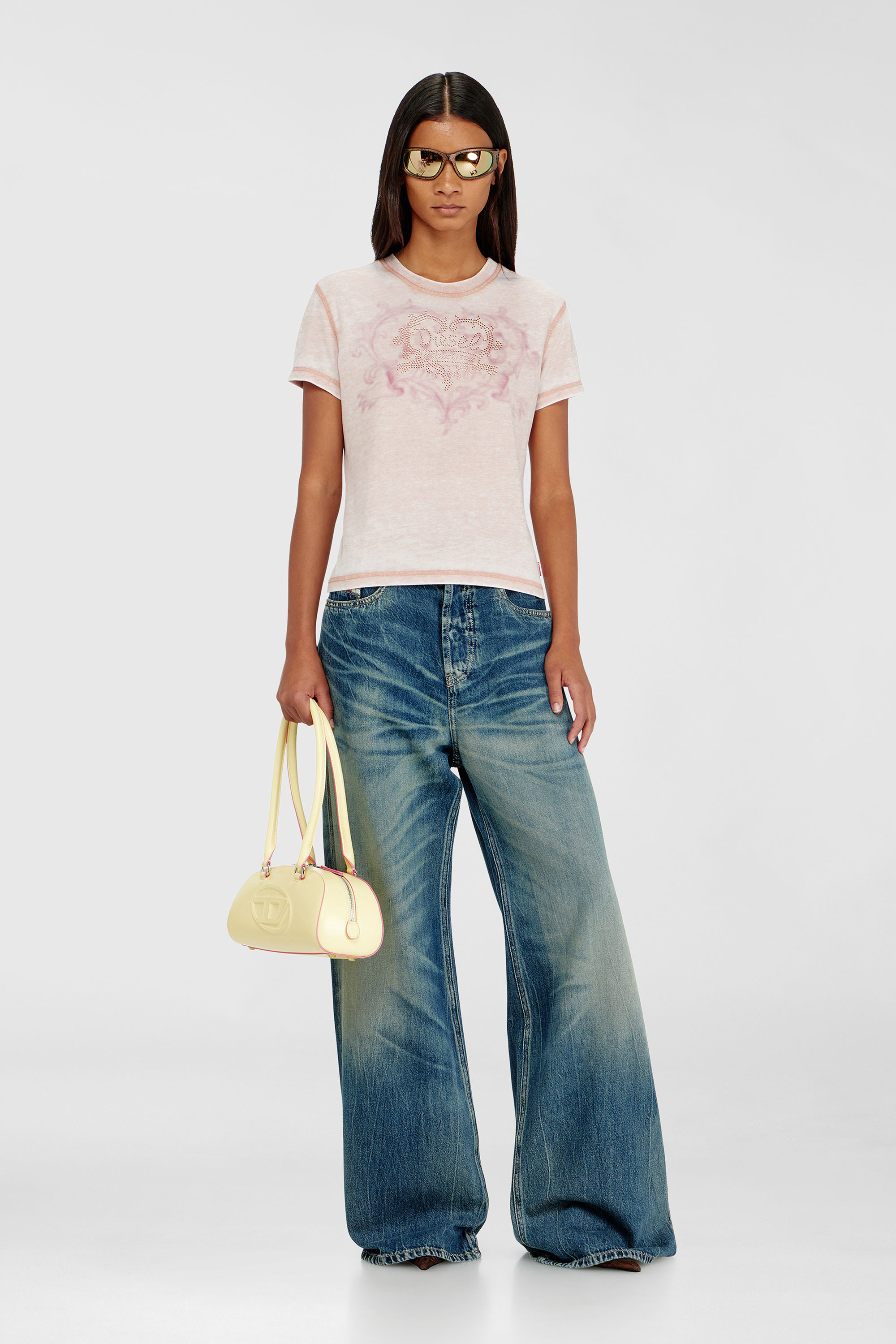 Diesel - T-ILA-AA1, Woman's Jersey t-shirt with rhinestones and burnout effect in Face Powder - 1