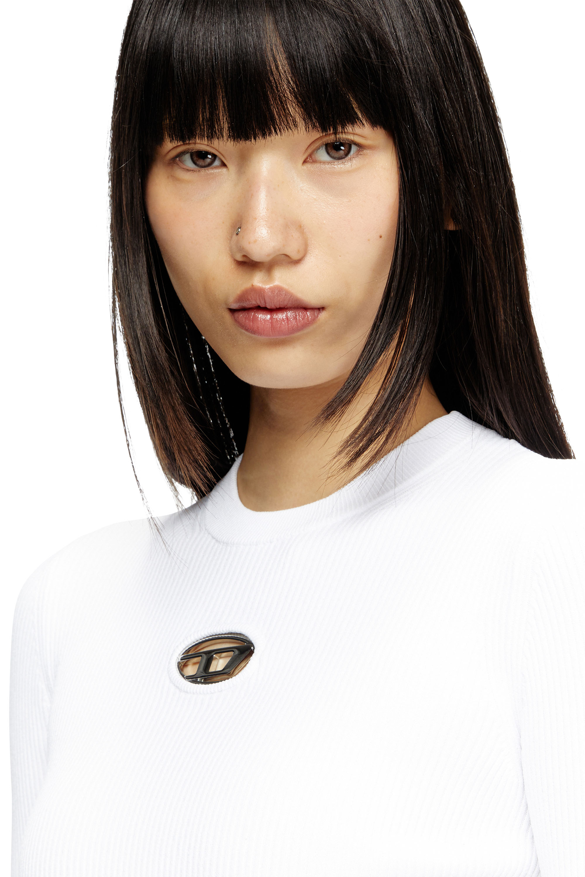 Diesel - M-VALARI, Woman's Rib-knit viscose-blend top with Oval D in White - 5