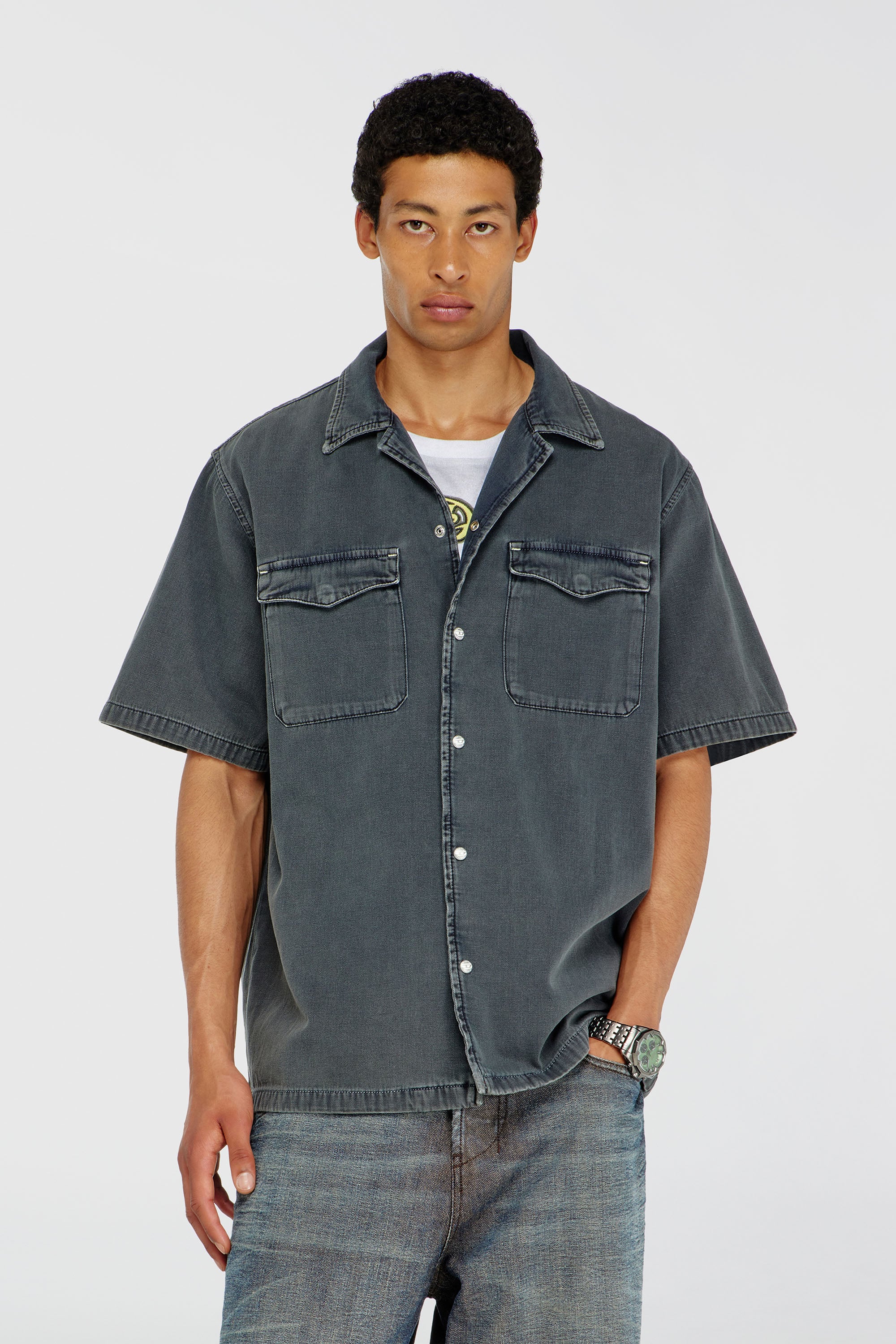 Diesel - D-NABIL-P, Man's Bowling shirt in coloured denim in Dark grey - 1