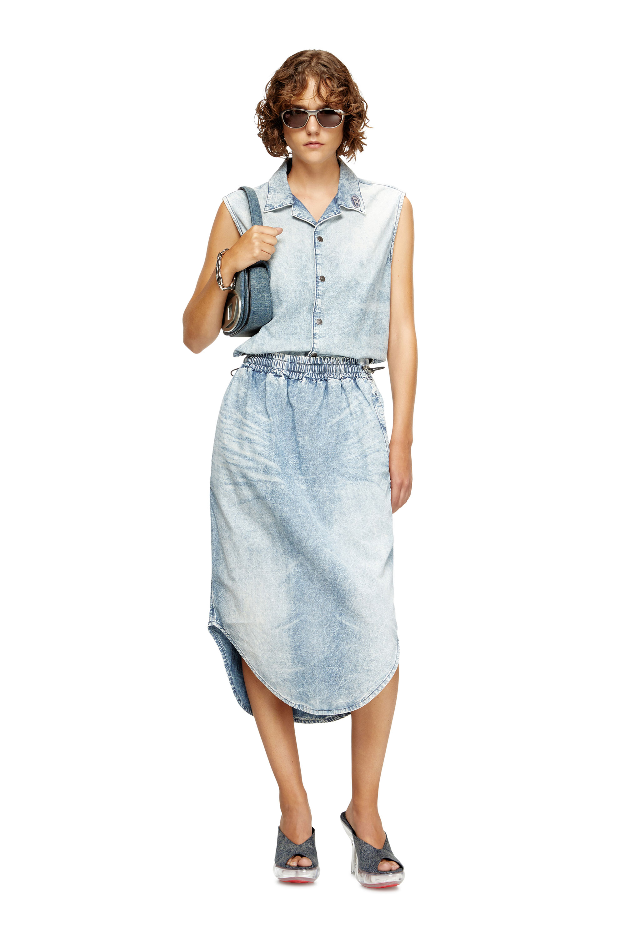 Diesel - DE-NABI-S, Woman's Sleeveless top in marbled denim in Light Blue - 1