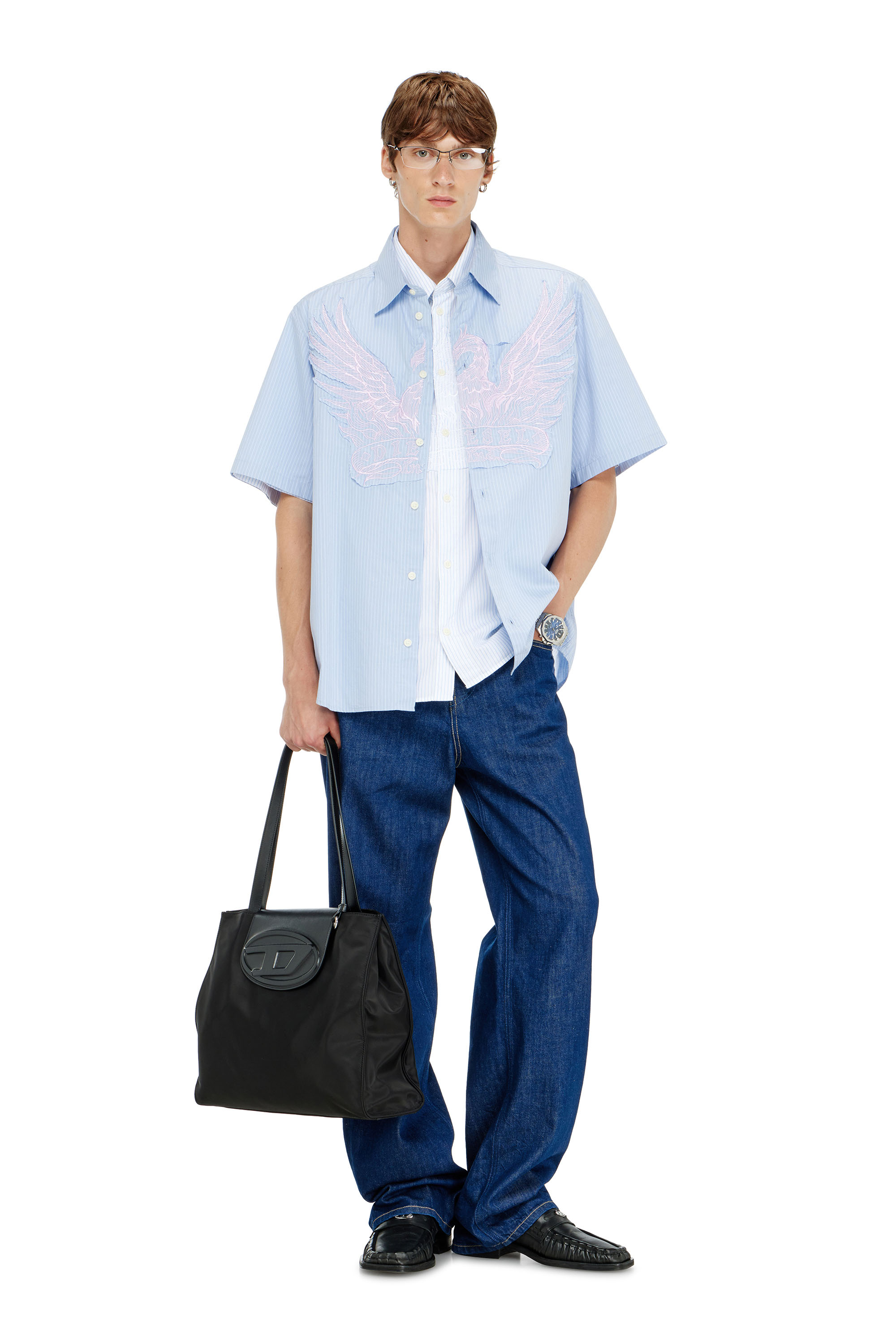 Diesel - S-SIMPLY-SS-AGCZ, Man's Striped poplin shirt with embroidered patch in Light Blue - 1