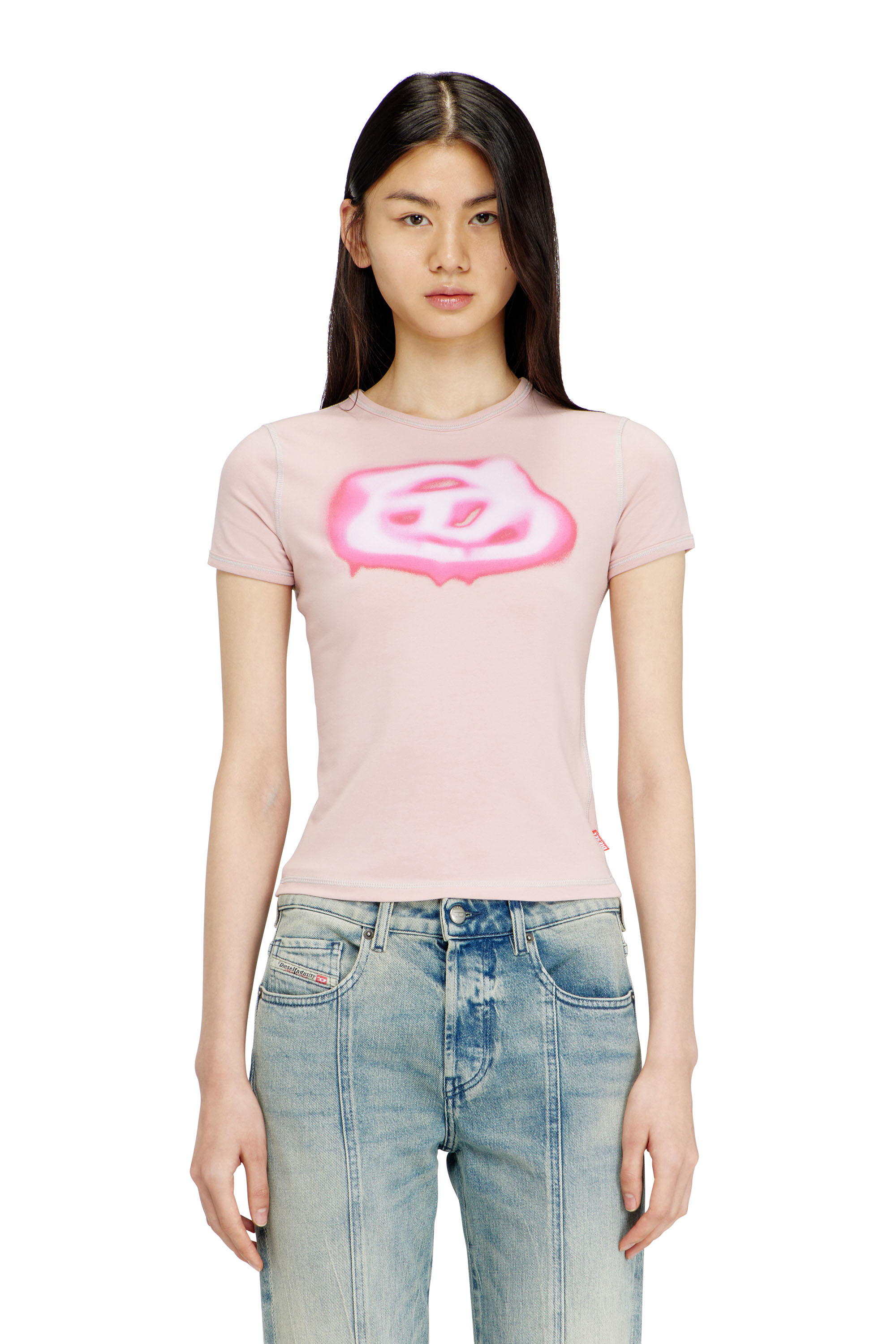 Diesel - T-UNCUTIES-LONG-S3, Woman's Slim T-shirt with graffiti-effect logo in Pink - 1