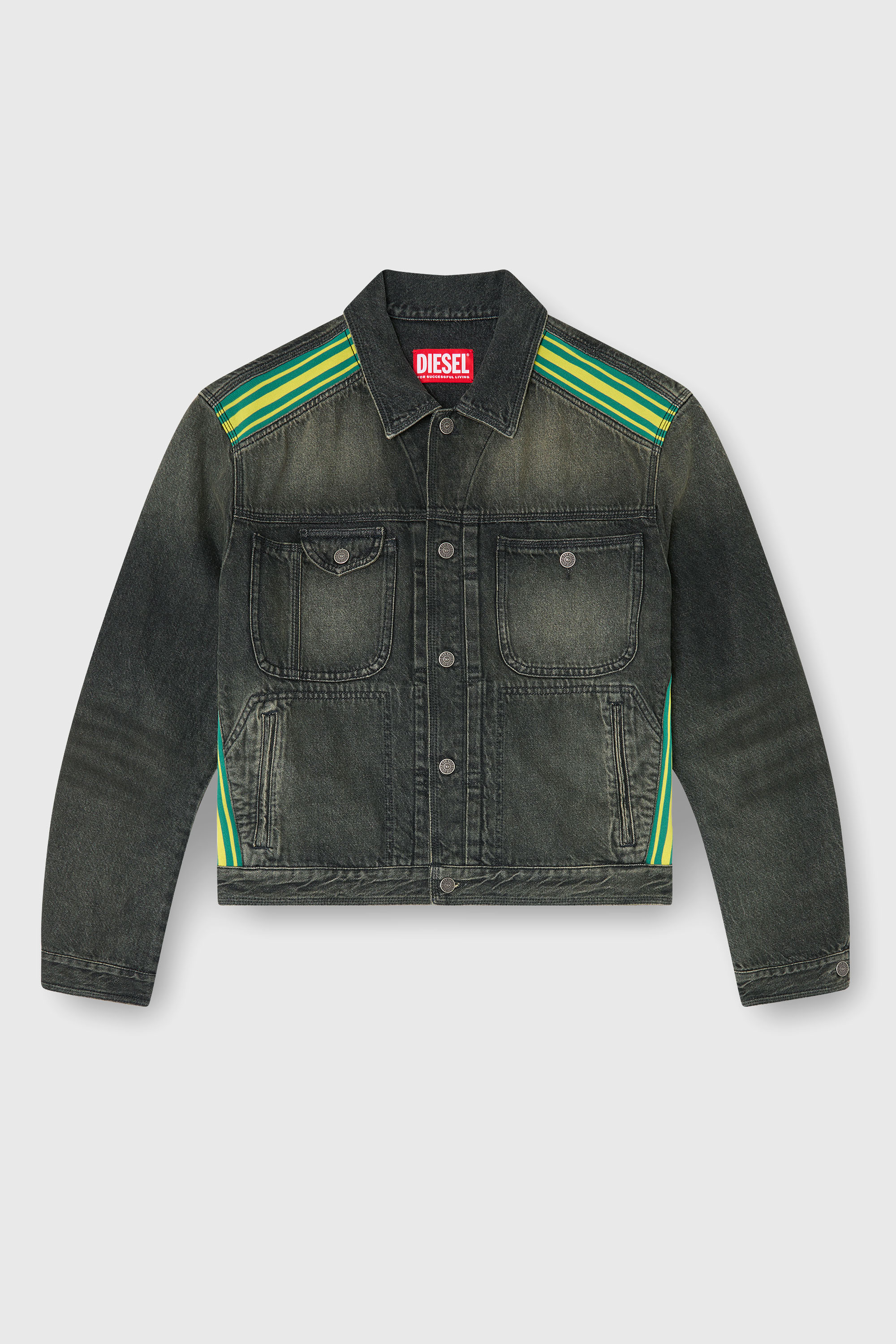 Diesel - D-BAS-FSJ1, Man's Trucker jacket with striped shoulder bands in Dark grey - 1