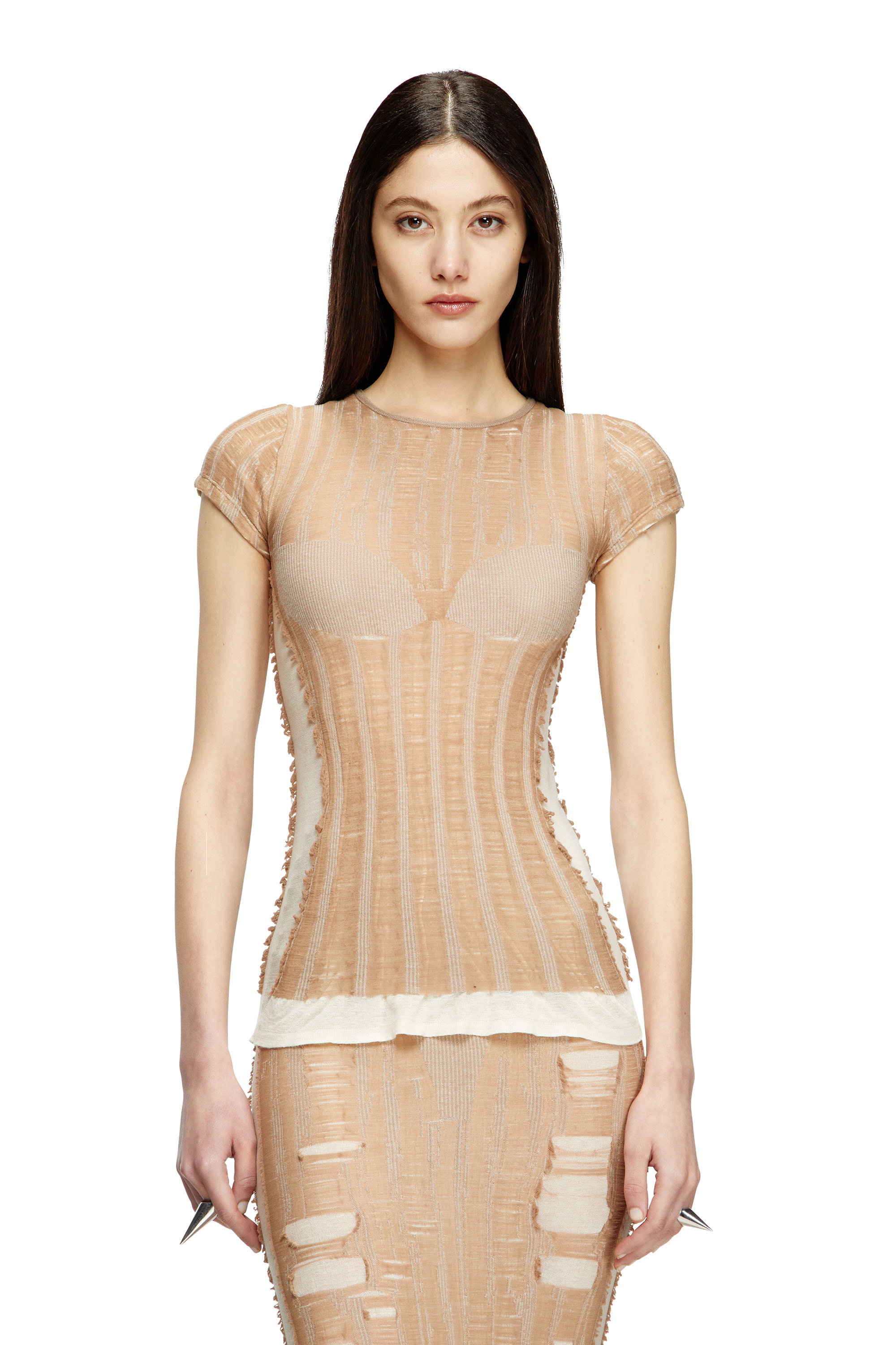 Diesel - M-CALAI-SS, Woman's Seamless T-shirt with lingerie illusion in Beige - 3