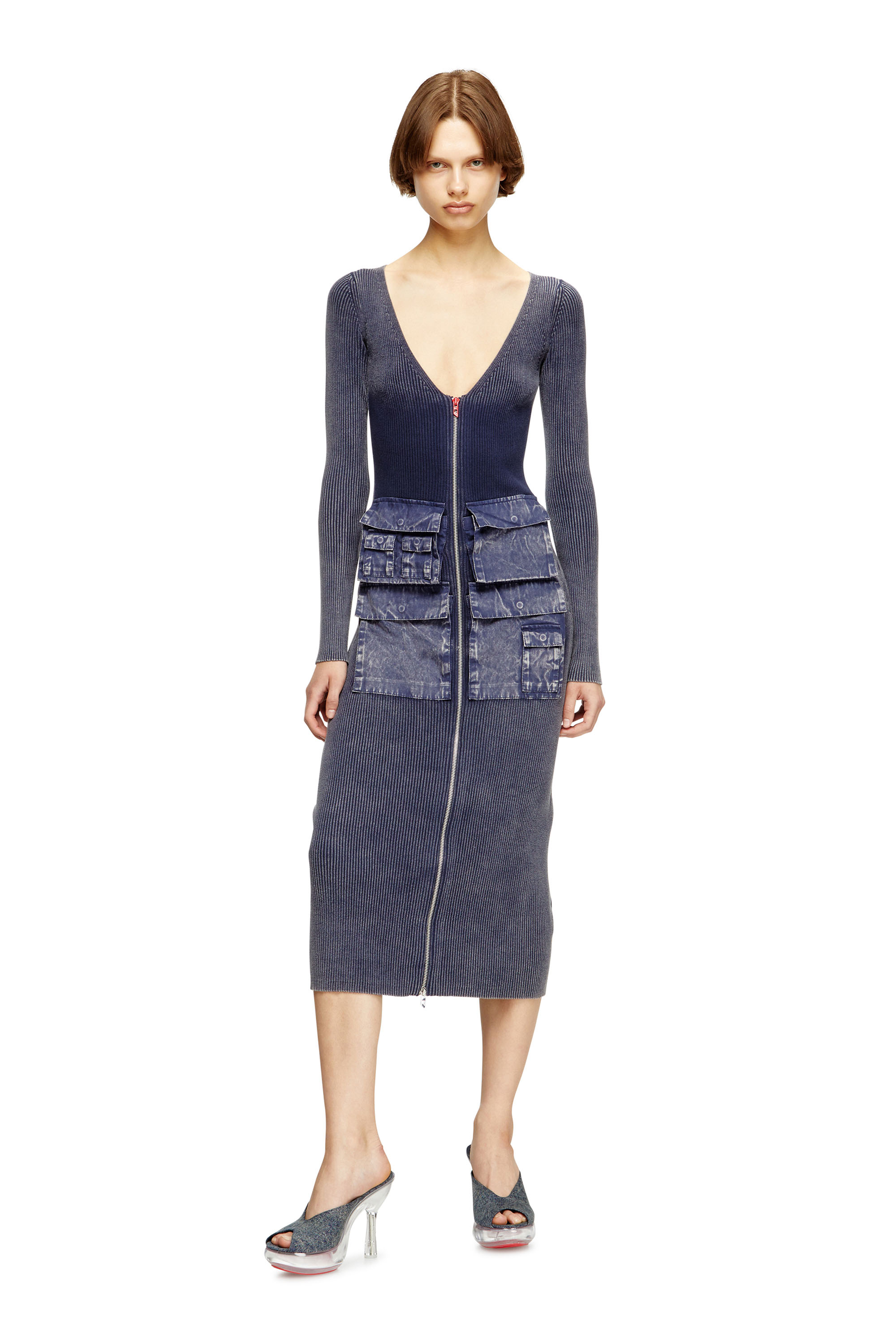 Diesel - M-MELTI-LS, Woman's Ribbed midi dress with denim treatment in null - 2