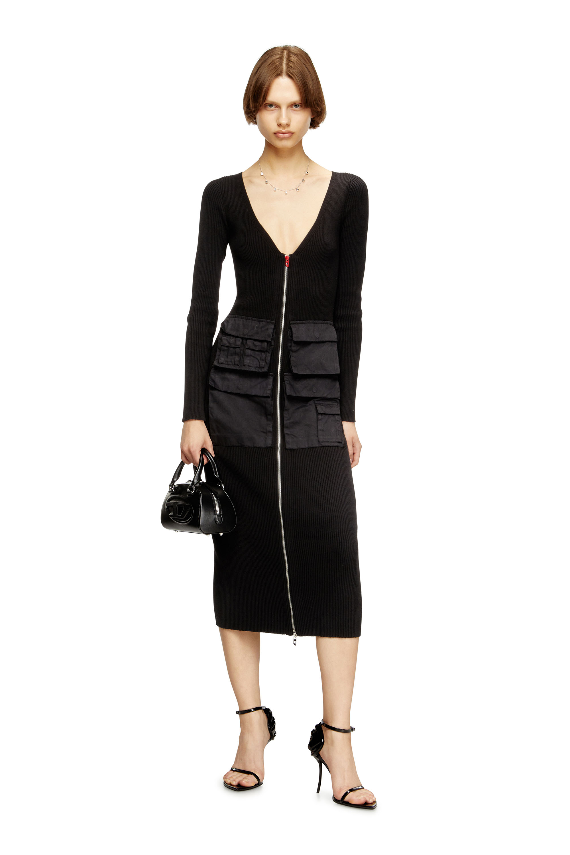 Diesel - M-MELTI-LS, Woman's Ribbed midi dress with cargo pockets in null - 1