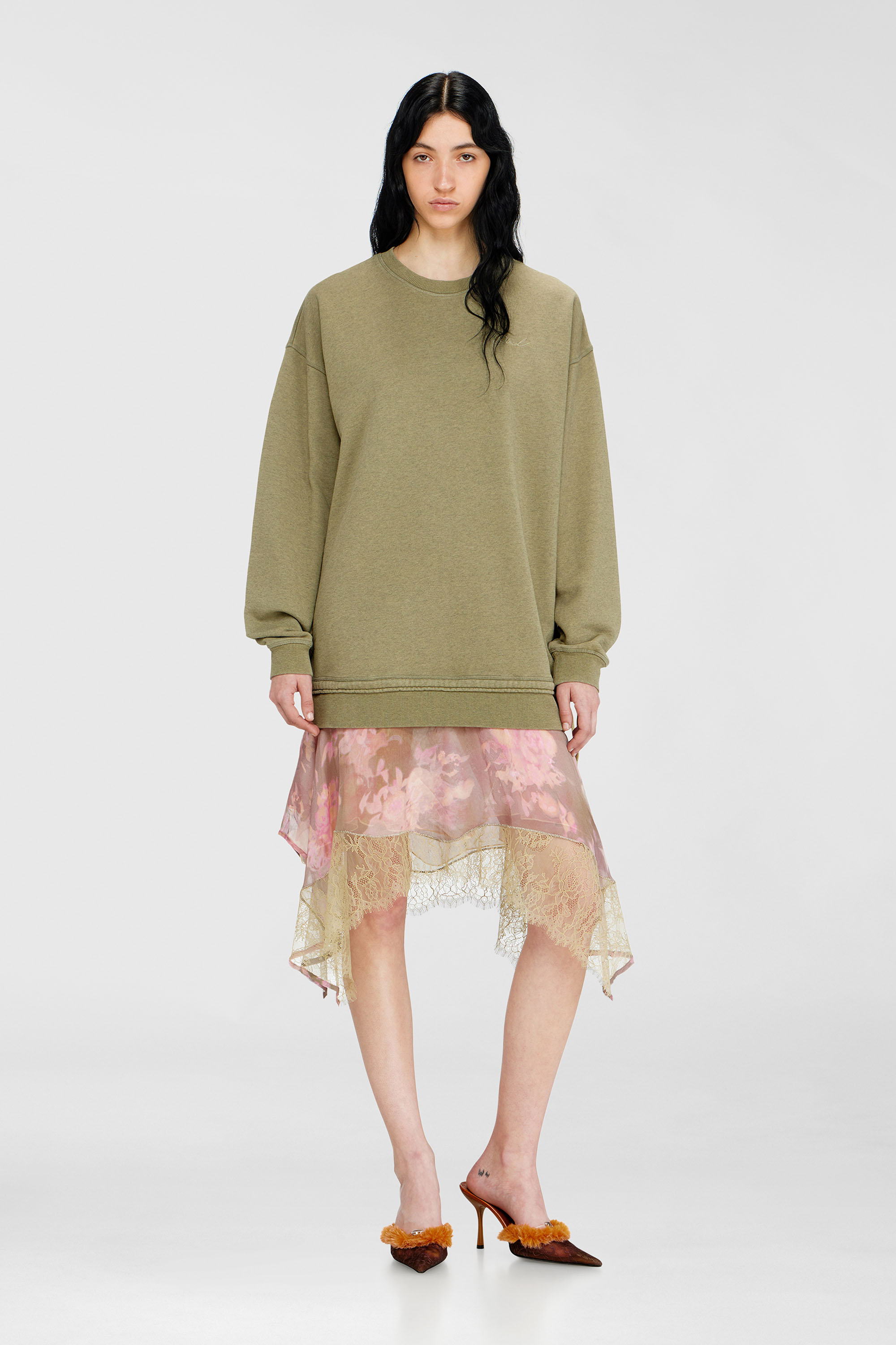 Diesel - D-ORELY, Woman's Sweatshirt dress with chiffon and lace skirt in Pink/Green - 3