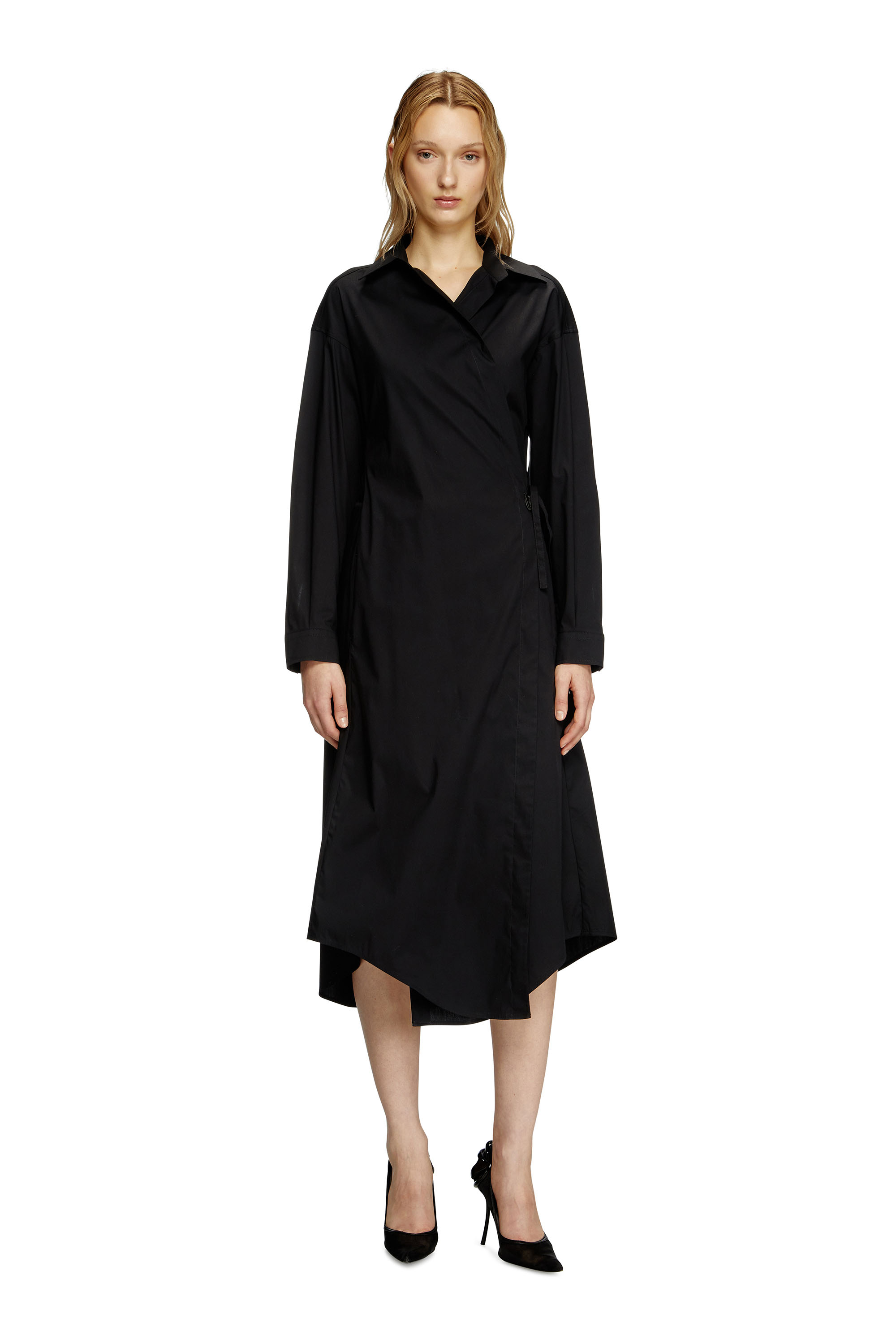 Diesel - D-ELPHI-LONG, Woman's Wrap shirt dress in cotton-blend poplin in Black - 3