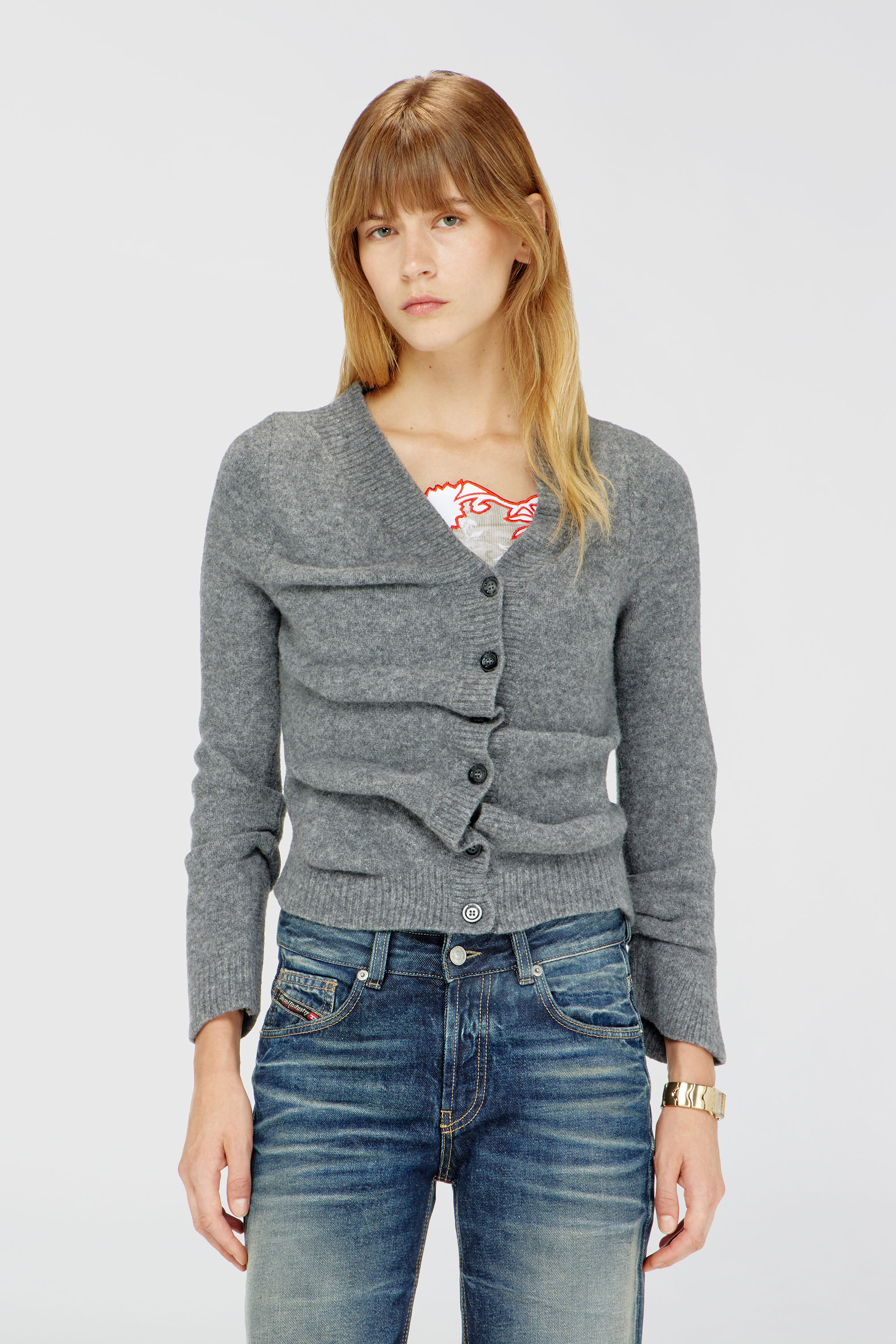 Diesel - M-AVA, Woman's Cropped cardigan in wrinkled boiled knit in Grey - 1
