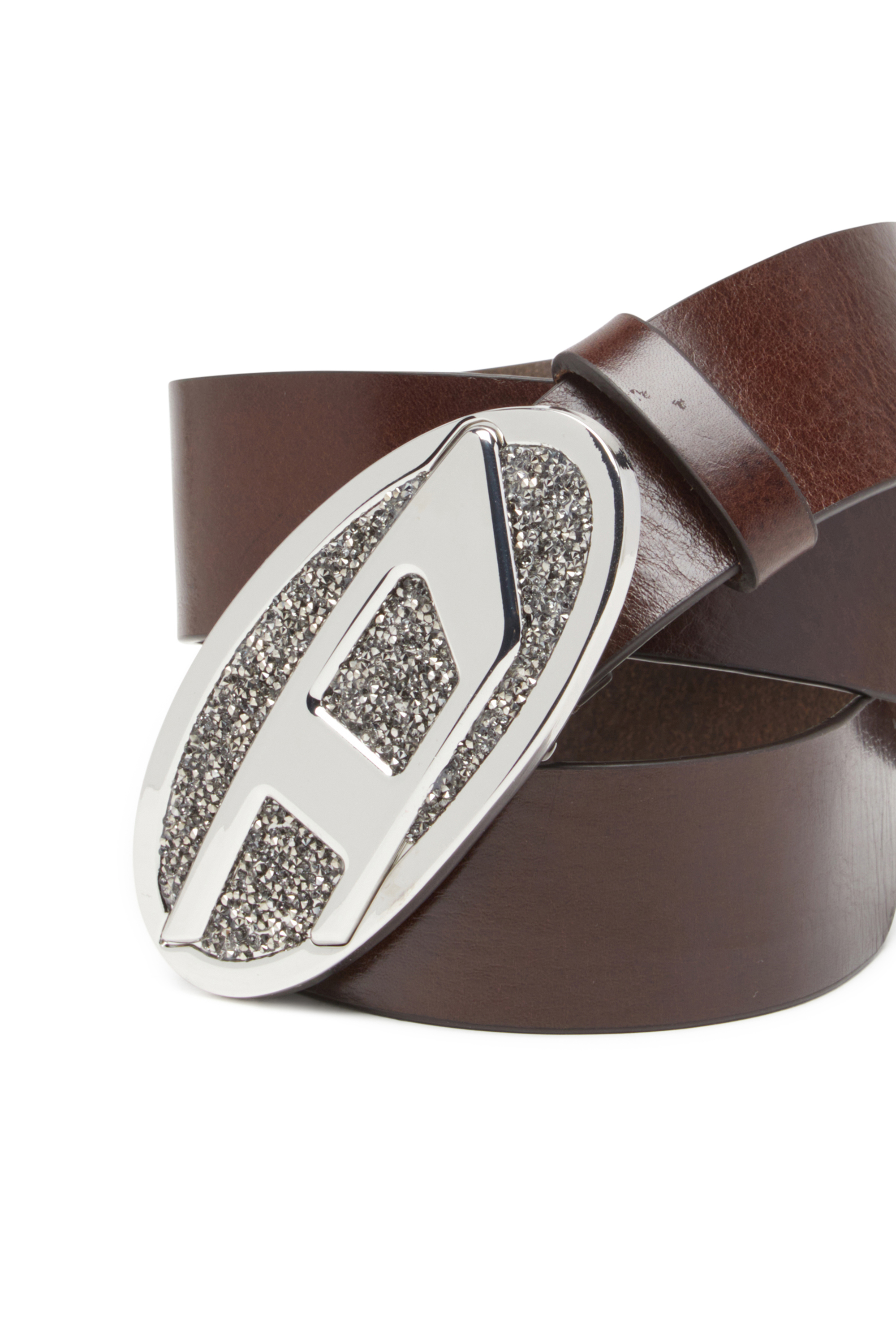 B-1DR 2.0 FULL ROCKS, Brown Diesel - B-1DR 2.0 FULL ROCKS, Woman's 4cm leather belt with rhinestone Oval D buckle in Brown - 3