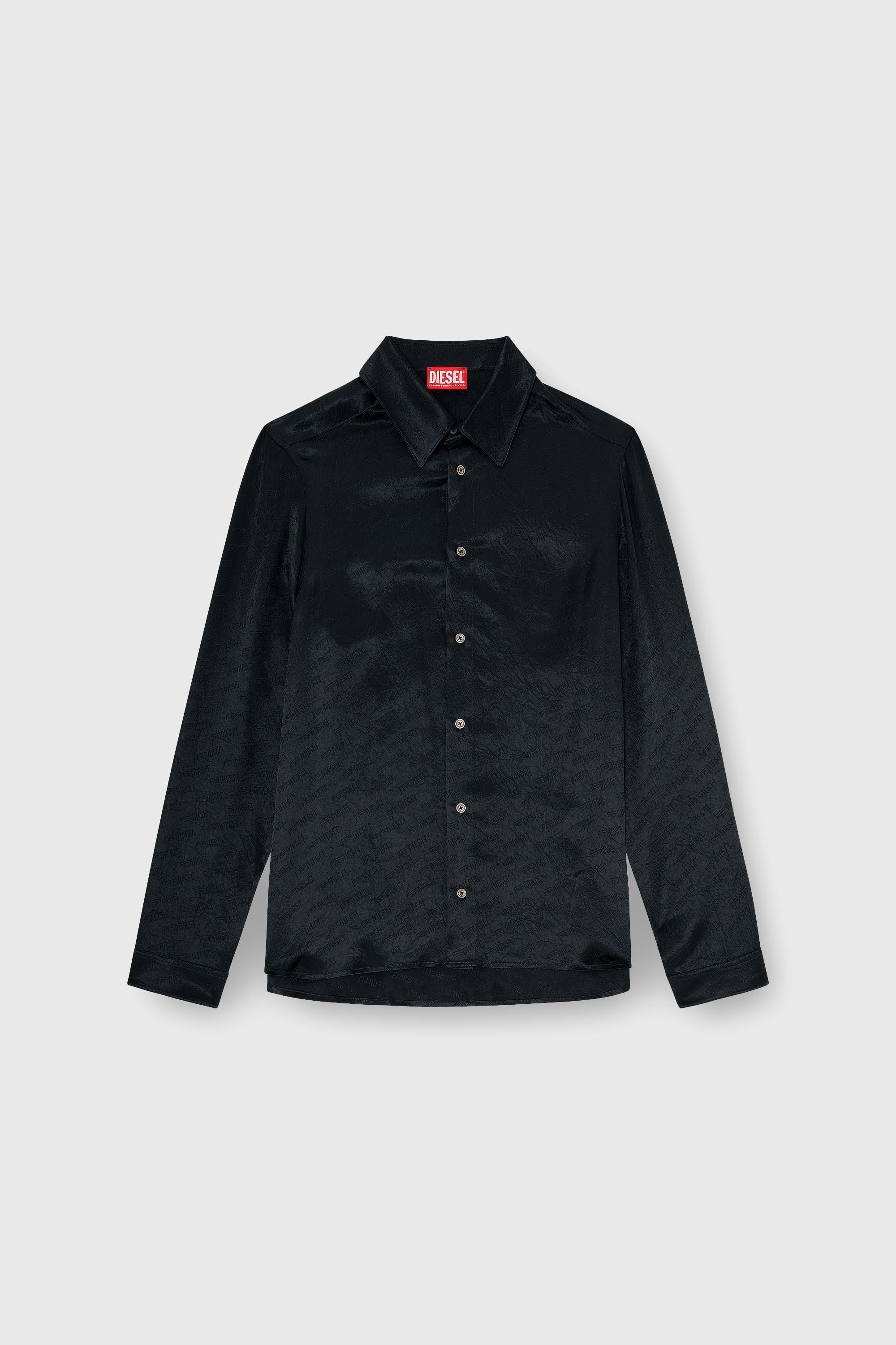 Diesel - S-KINNY-EFBZ, Man's Shirt in logo-jacquard crinkled satin in Black - 2