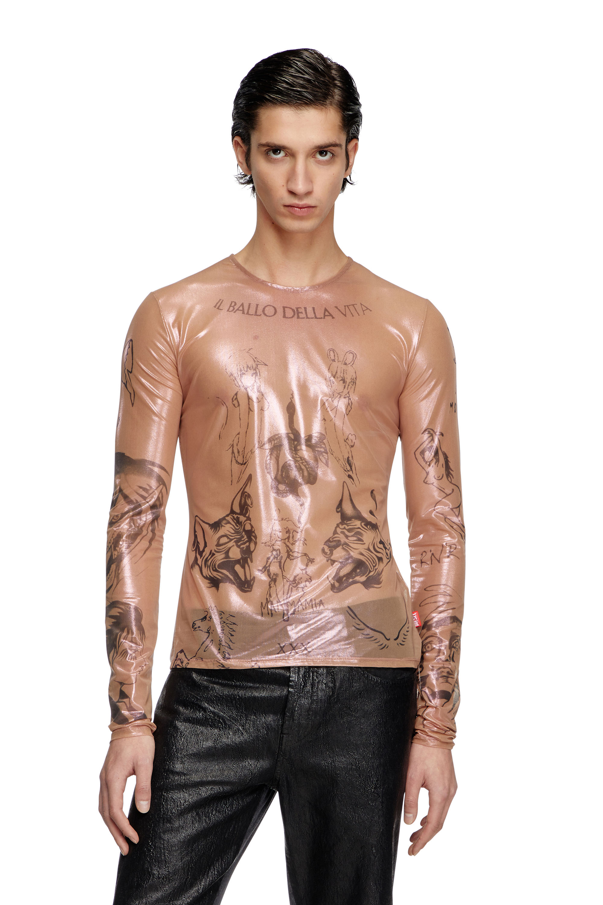 Diesel - T-CLAUDE-DD, Unisex's Tattoo top in coated stretch tulle in Pink - 1