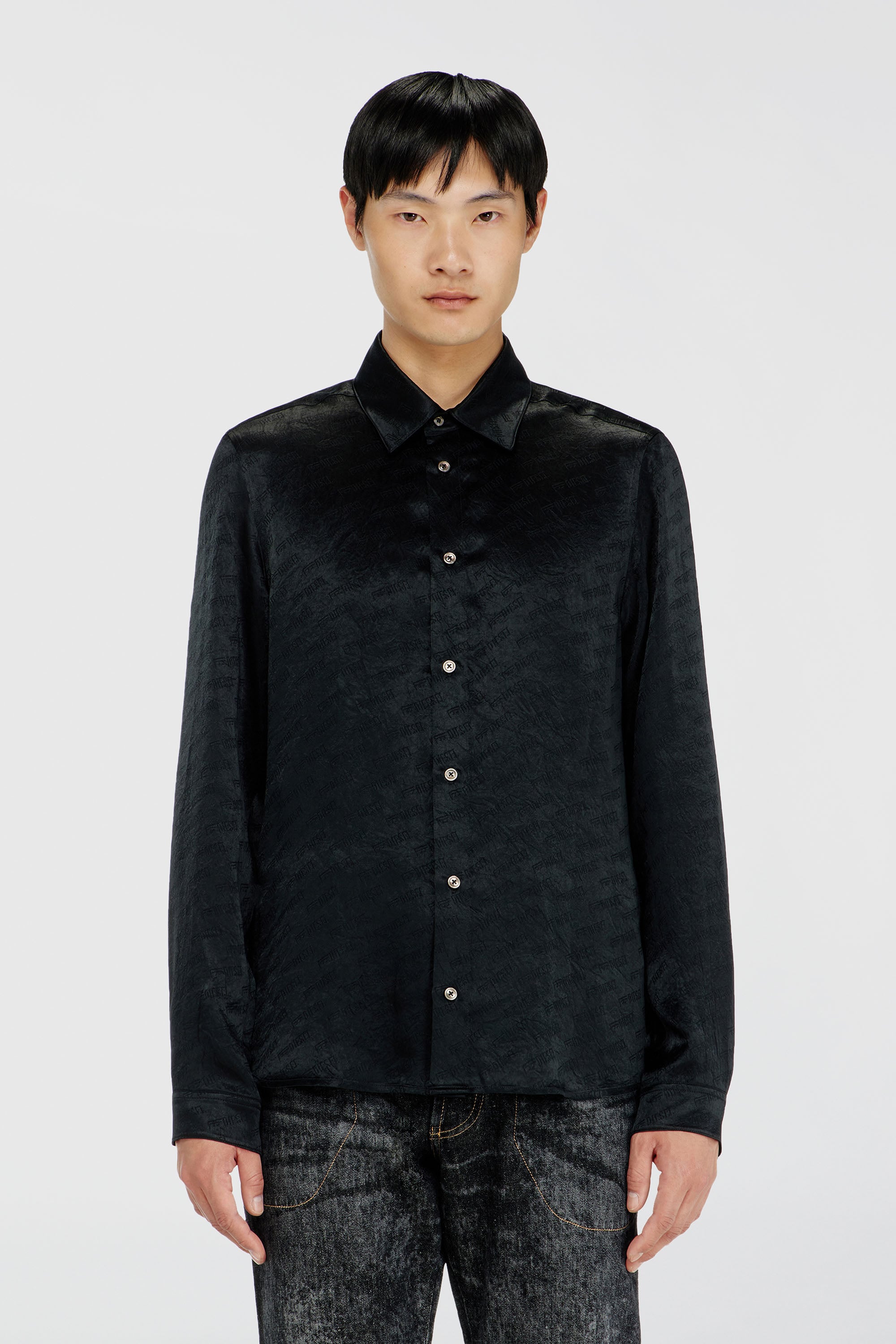 Diesel - S-KINNY-EFBZ, Man's Shirt in logo-jacquard crinkled satin in Black - 1