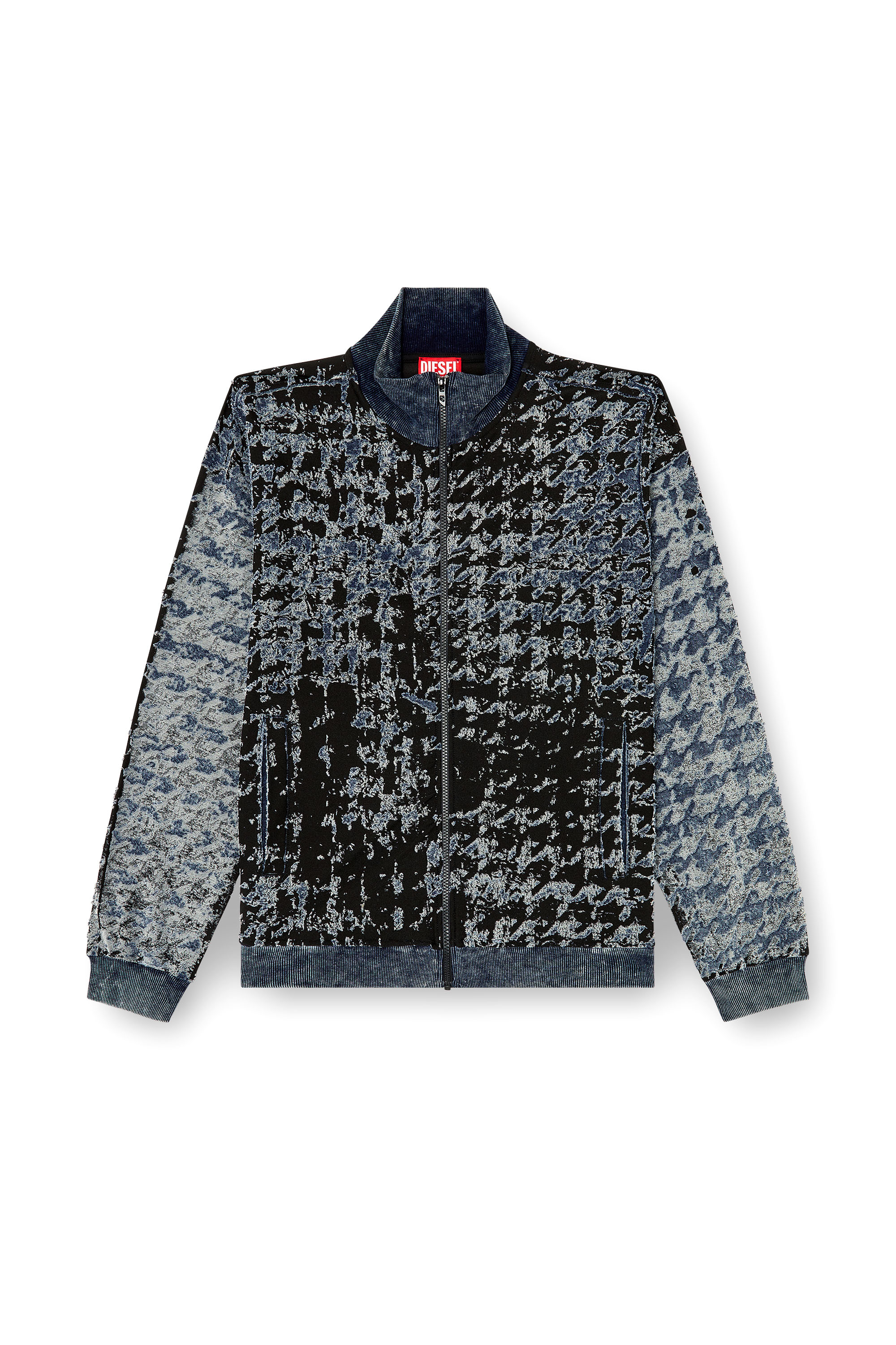 Diesel - S-CORR, Man's Devoré houndstooth zip-up top in Black/Blue - 3