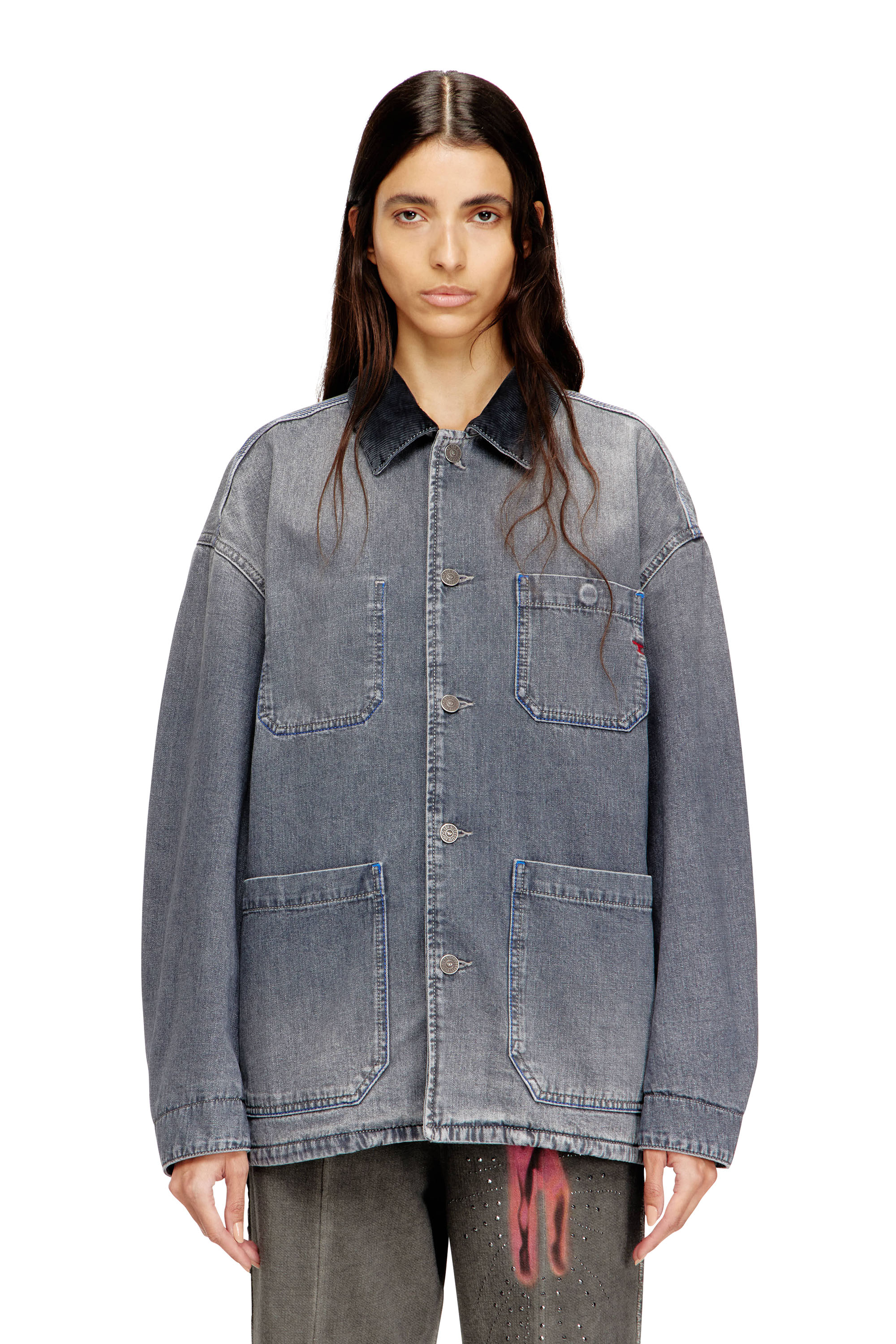 Diesel - D-STACK-U-L, Unisex's Utility-style denim jacket with contrasting collar in Grey - 1