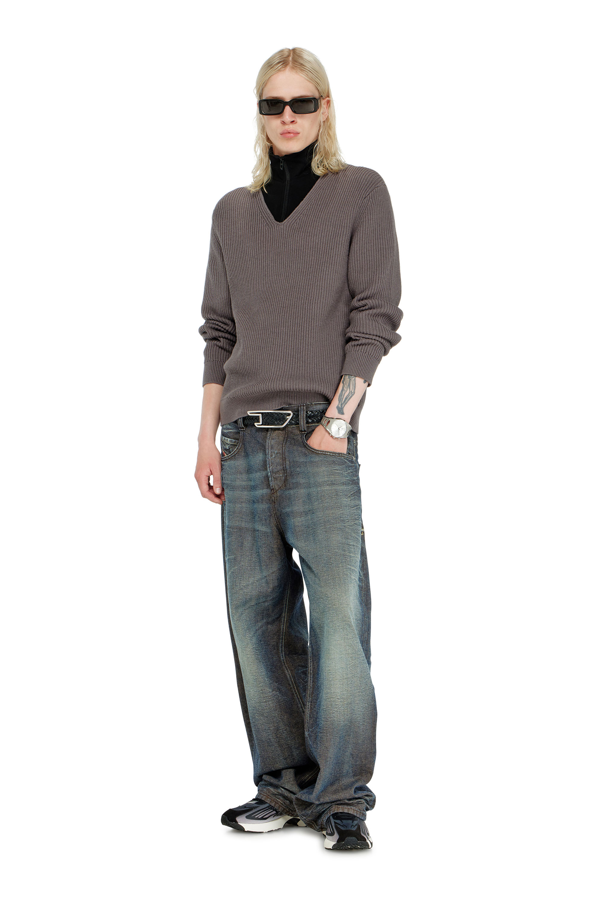 Diesel - K-MAMU, Man's Half-zip sweater with layered neckline in Black/Grey - 2