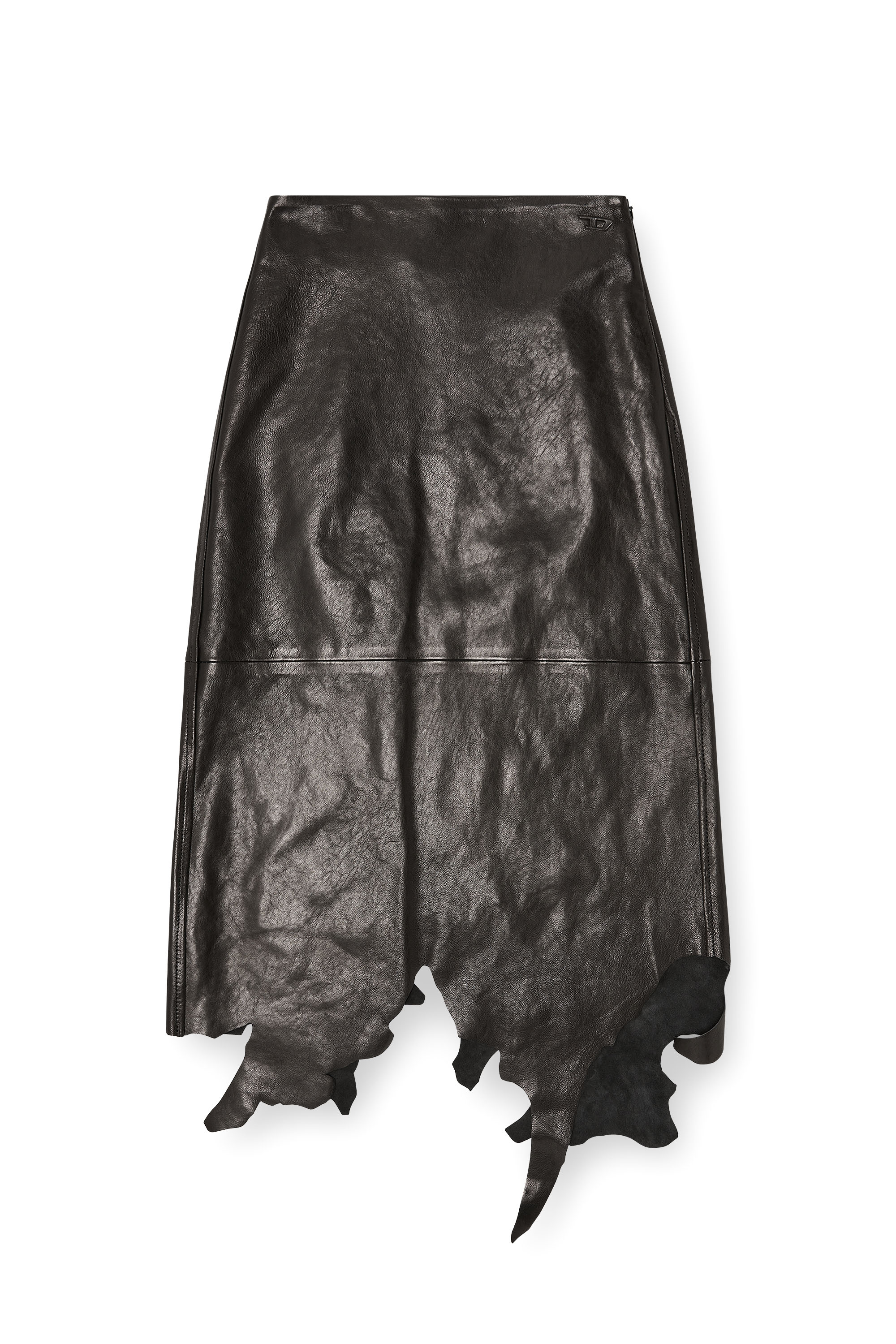 Diesel - L-TORN, Woman's Leather midi skirt with jagged hem in Black - 3